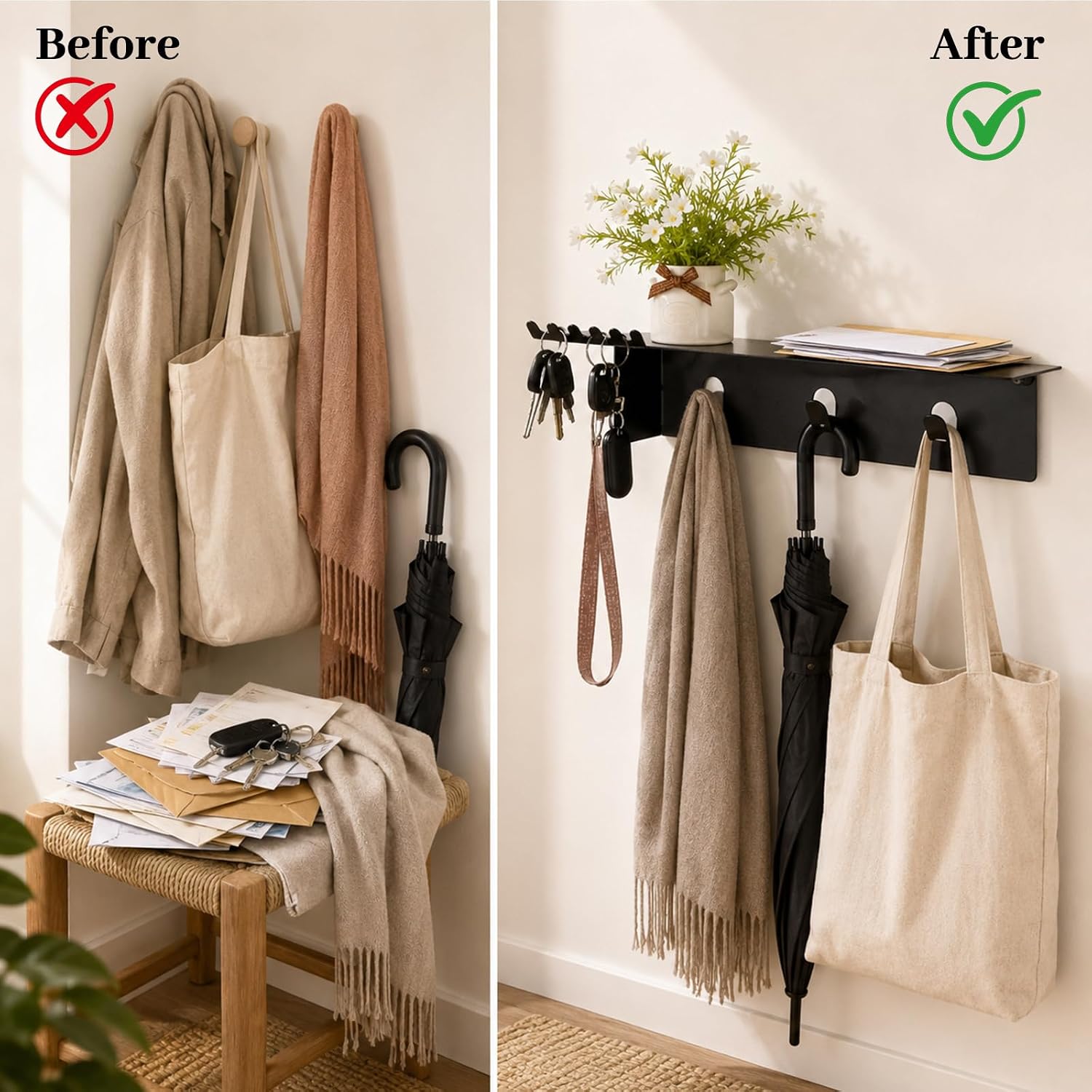Wall Mounted Coat Rack - Durable Entryway Hanger For Keys, Hats & Bags | Wall-Mounted Entryway Shelf with Hooks - Durable Iron Coat Rack for Keys & Organized Storage - Ideal for Home Office & Gifts