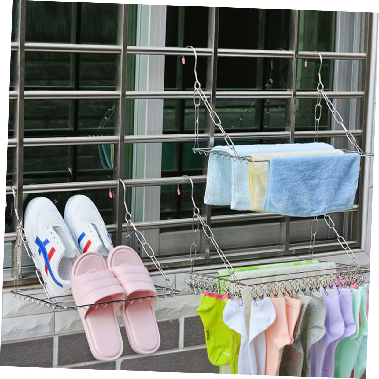 Stainless Steel Socks Drying Rack and Pants Hanger, 45-bar Windproof Balcony Clothes Drying Rack for Home Laundry Organization