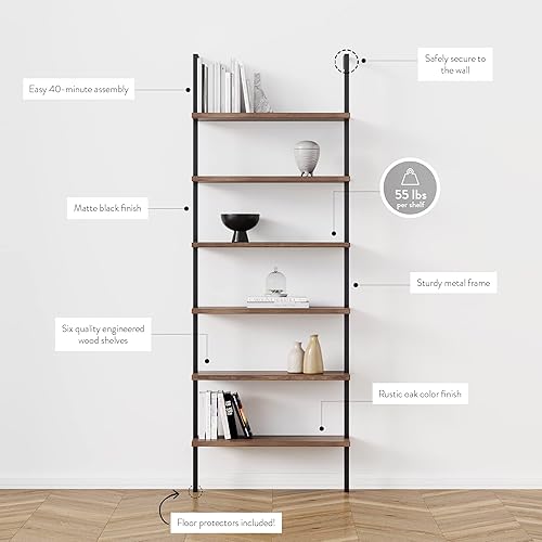 Miniatura 4 de Nathan James Theo - Estantería alta con 6 estantes, para montaje en la pared con madera reciclada y marco industrial de metal, roblenegro