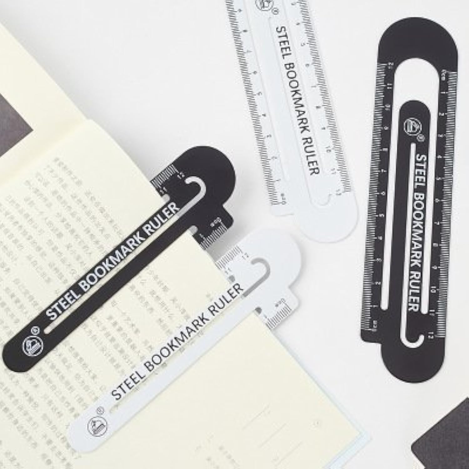 Wakaka 2 Pcs Multifunctional Metal Bookmark and 12cm Ruler,Classic Black and White,Make Your Reading and Working Easy.