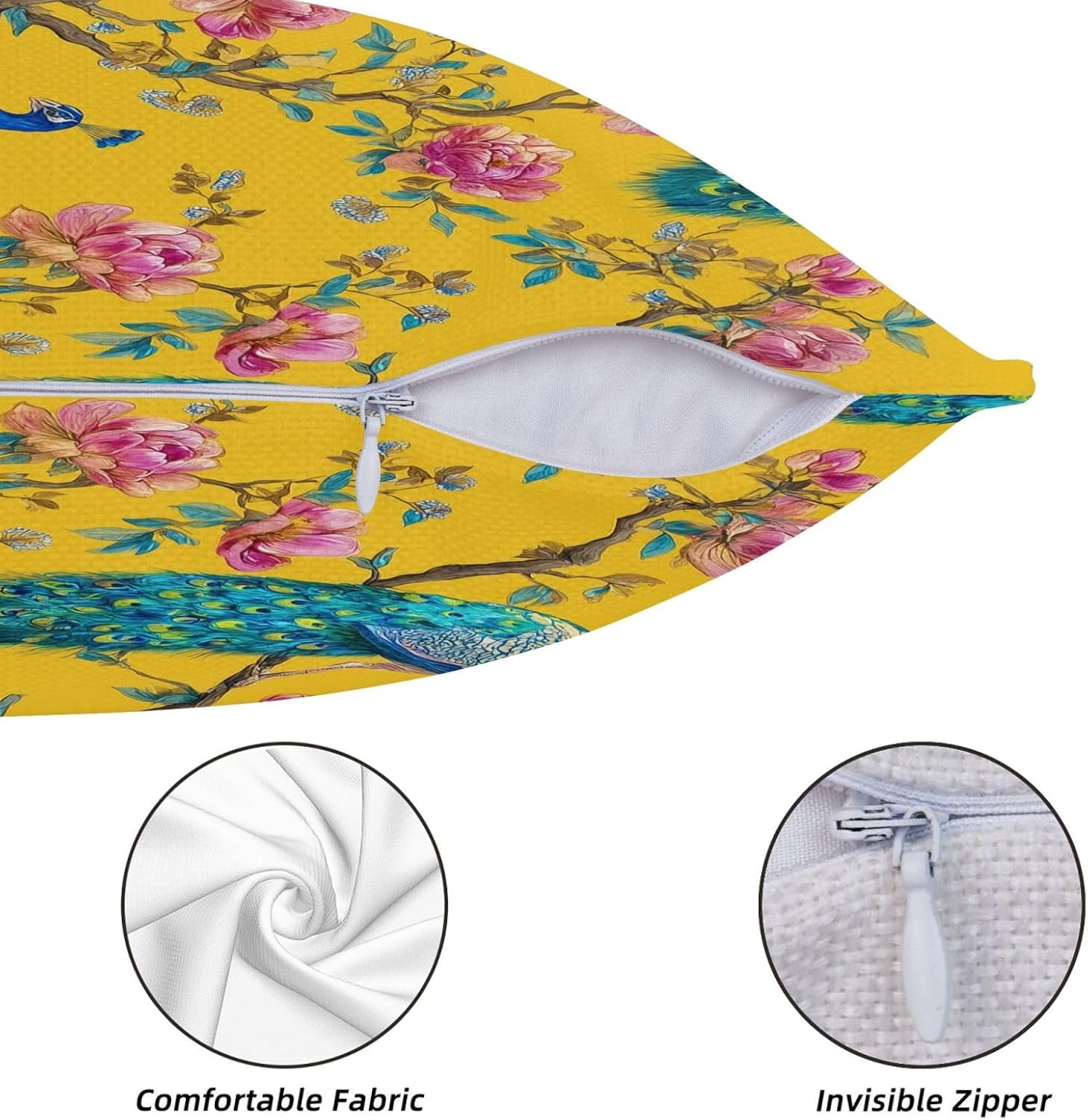 KiuLoam Chinoiserie Peacock Pillow Covers 24x24 Inch Set of 2, Vintage Floral Bird Yellow Decorative Throw Pillows, Rustic Farmhouse Outdoor Square Cushion Cases for Sofa Couch Bed Home Decor