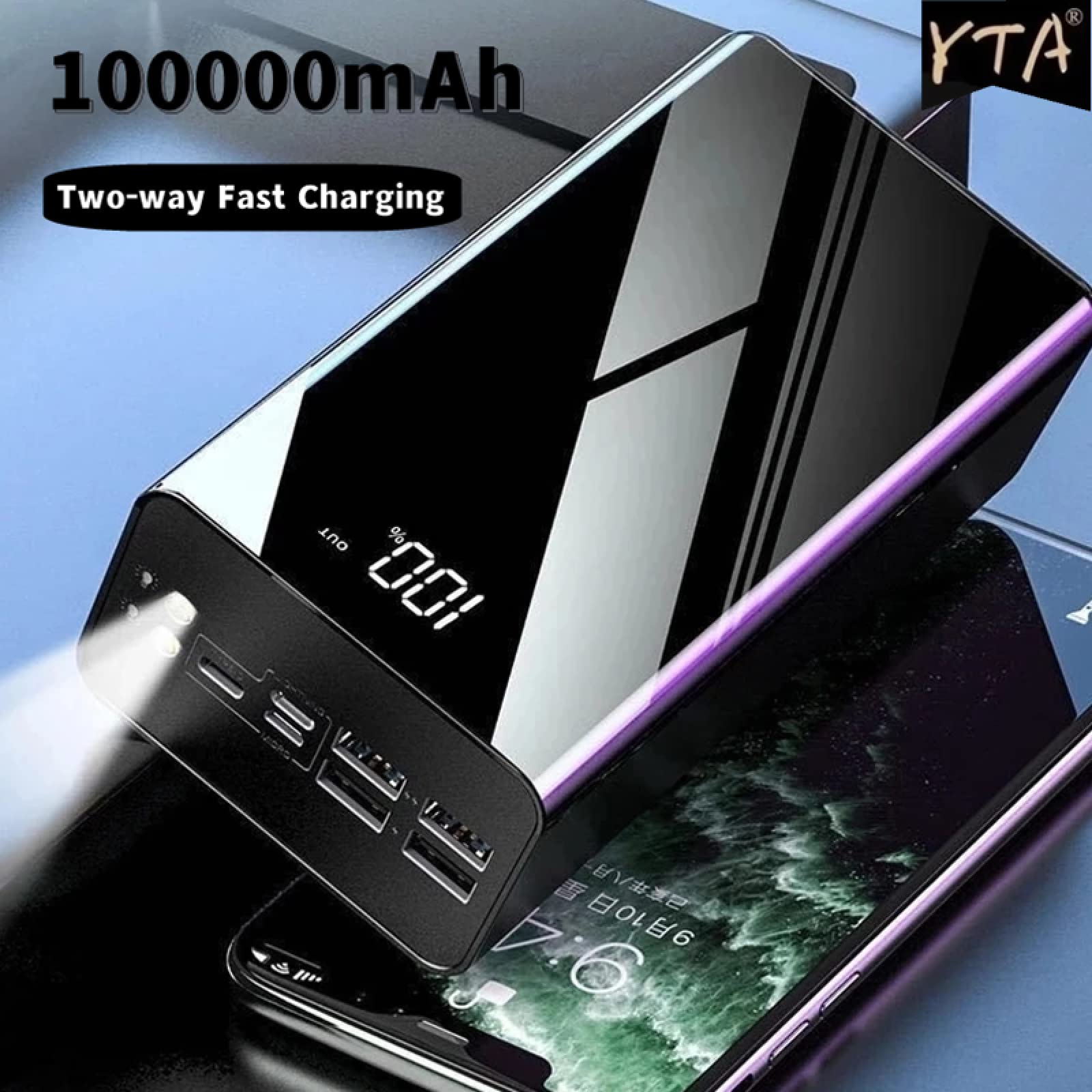 100000mAh Power Bank Pantalla de Espejo Completo Cargador rápido portátil Powerbank Paquete de batería Externa Poverbank para Xiaomi Mi iPhone Negro A