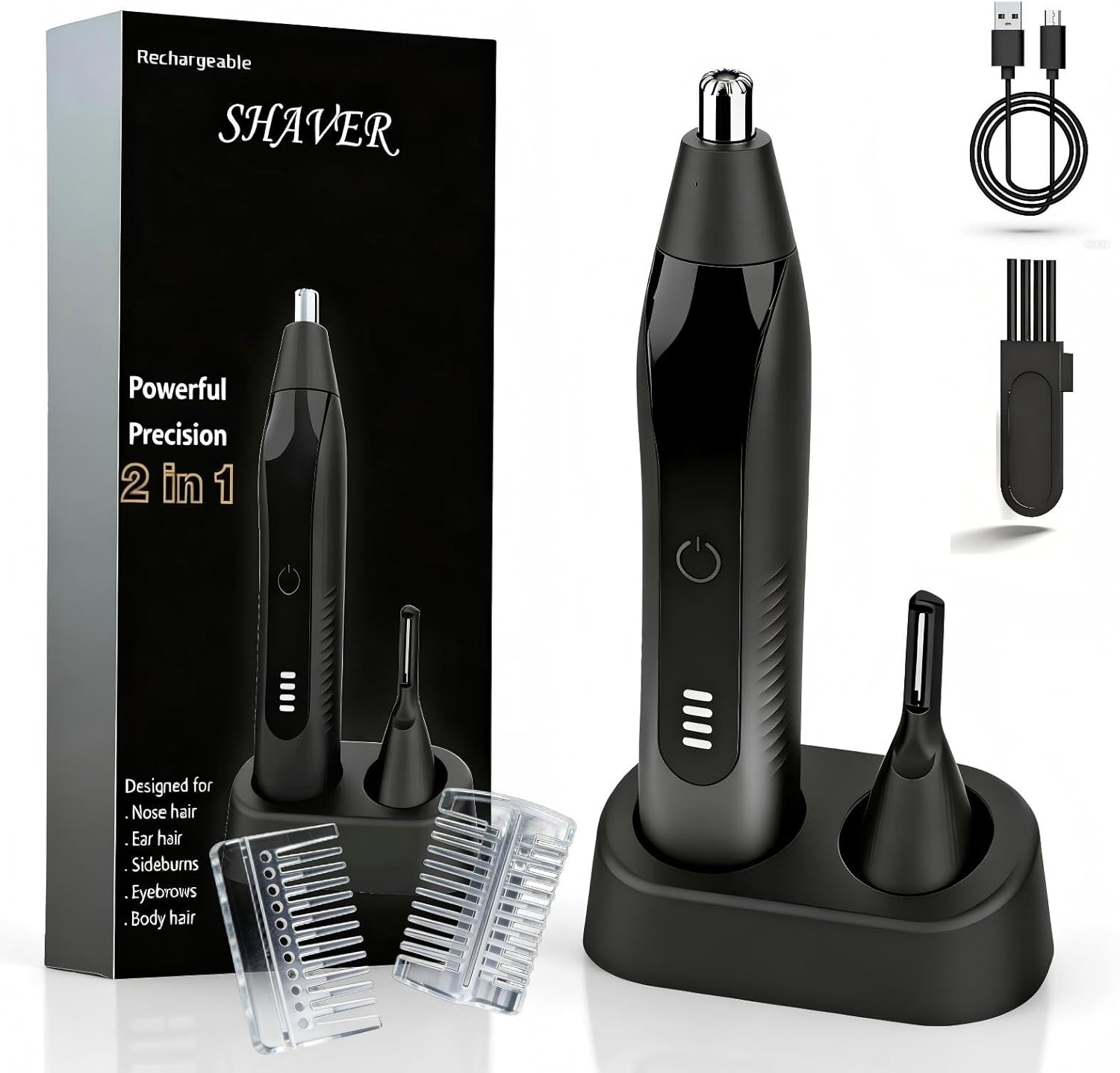 Alinsea Ear and Nose Hair Trimmer for Men, 2025 Professional Painless USB Rechargeable Eyebrow & Facial Electric Hair Trimmer for Men Women, Powerful Motor, Dual Edge Blades（Black）