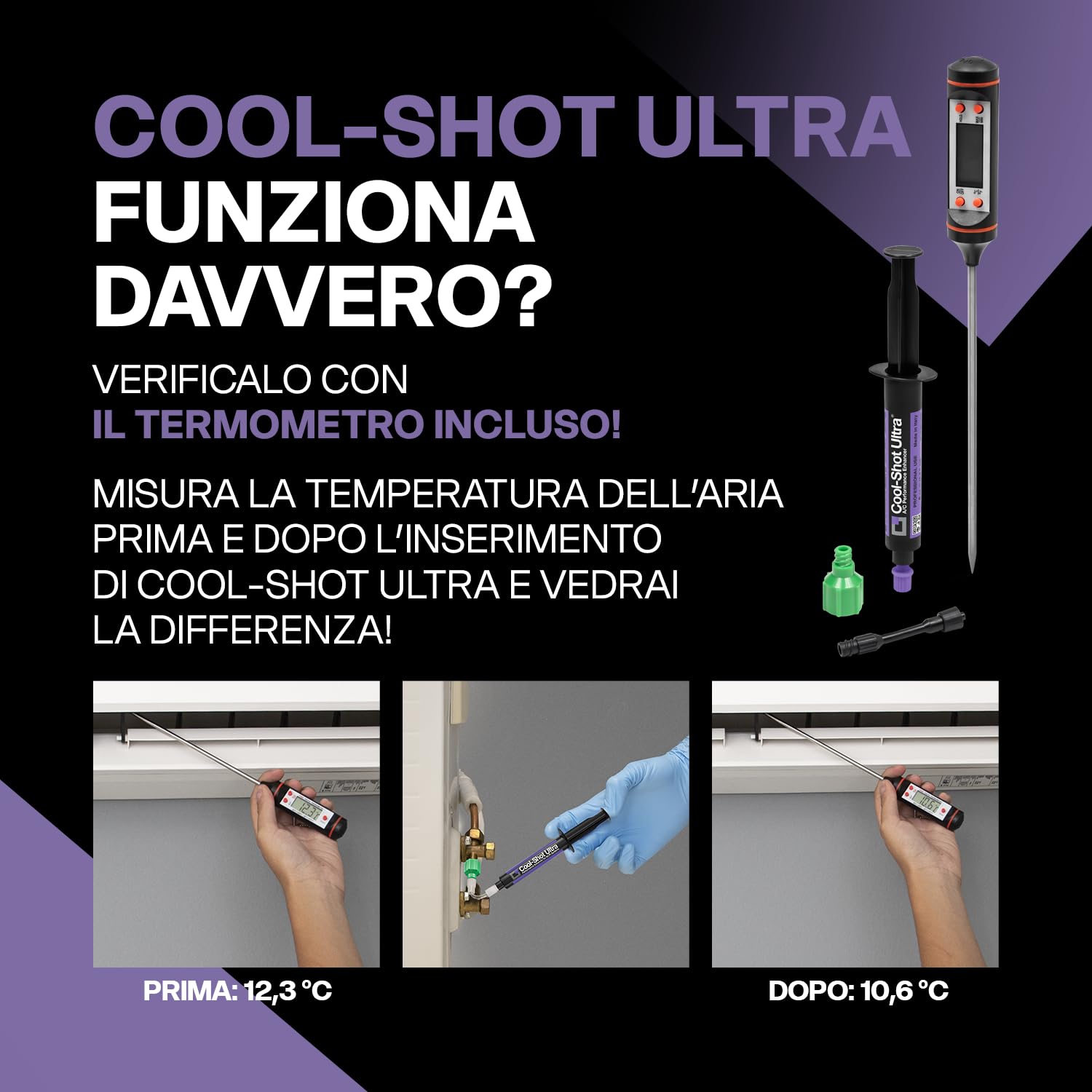 ERRECOM Cool-Shot Ultra Ripristina Efficienza Originale del Climatizzatore, Aria più Fredda, Include Termometro per Verifica Temperatura Prima e Dopo, Siringa 6mL +Adattatore 5/16 SAE (per R410a,R32)
