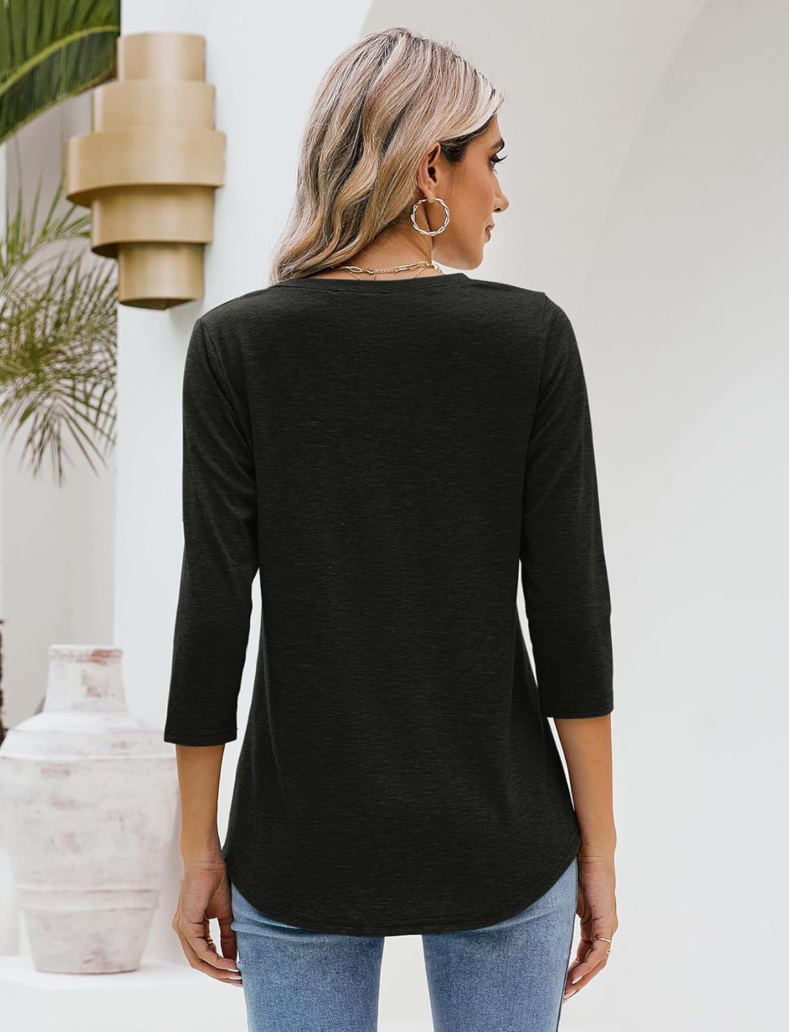 Sherosa Womens V Neck 3/4 Sleeve T Shirts Loose Fit Shirts Casual Solid Basic Tops Tees Blouses - Image 3