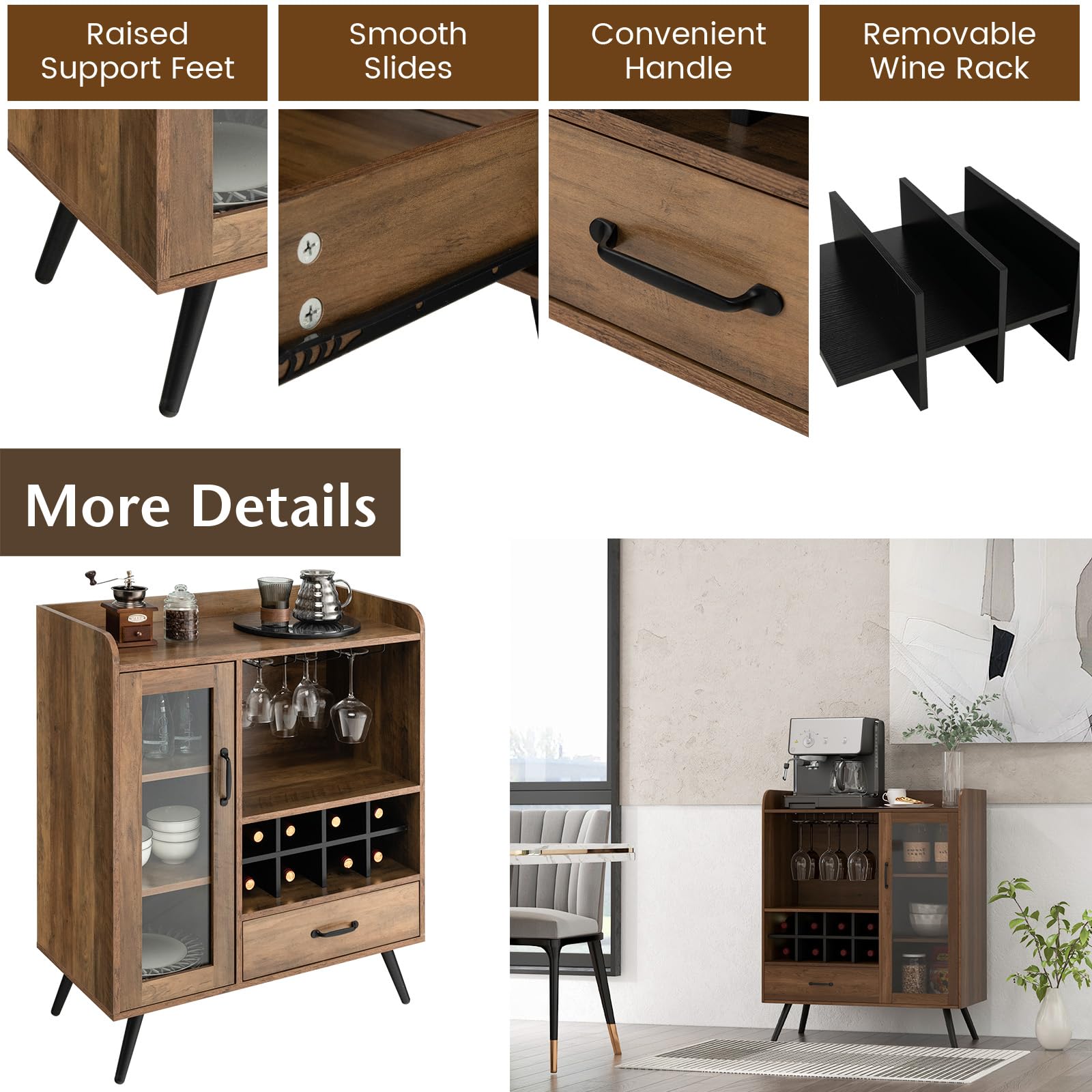 KOMFOTTEU Weinschrank mit Glashaltern & Weinregal, Barschrank Vintage mit Glastür & Schublade, Aufbewahrungsschrank Holz, weinständer 80 x 40 x 95 cm für Küche, Esszimmer, Bar