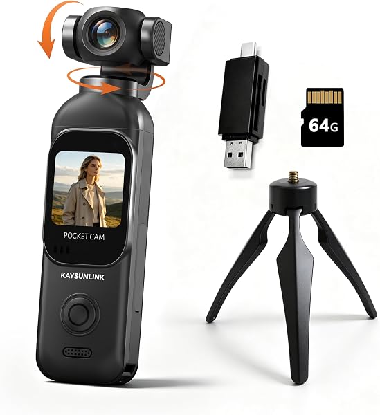 Kaysunlink Cámara de vlogging 1080P con lente giratoria de 270°, cámara de bolsillo POV de mano con pantalla táctil y WIFI, 5 horas de potencia, videocámara de grabación con un botón con tarjeta de 64