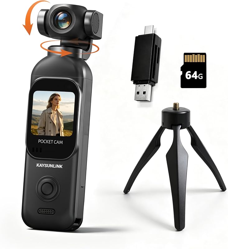 1080P Vlogging Camera with 270°Rotatable Lens, Handheld POV Pocket Camera with Touch Screen & WIFI, 5 Hours Power, One-button Recording Camcorder with 64GB Card for Daily Use, Travel, Black