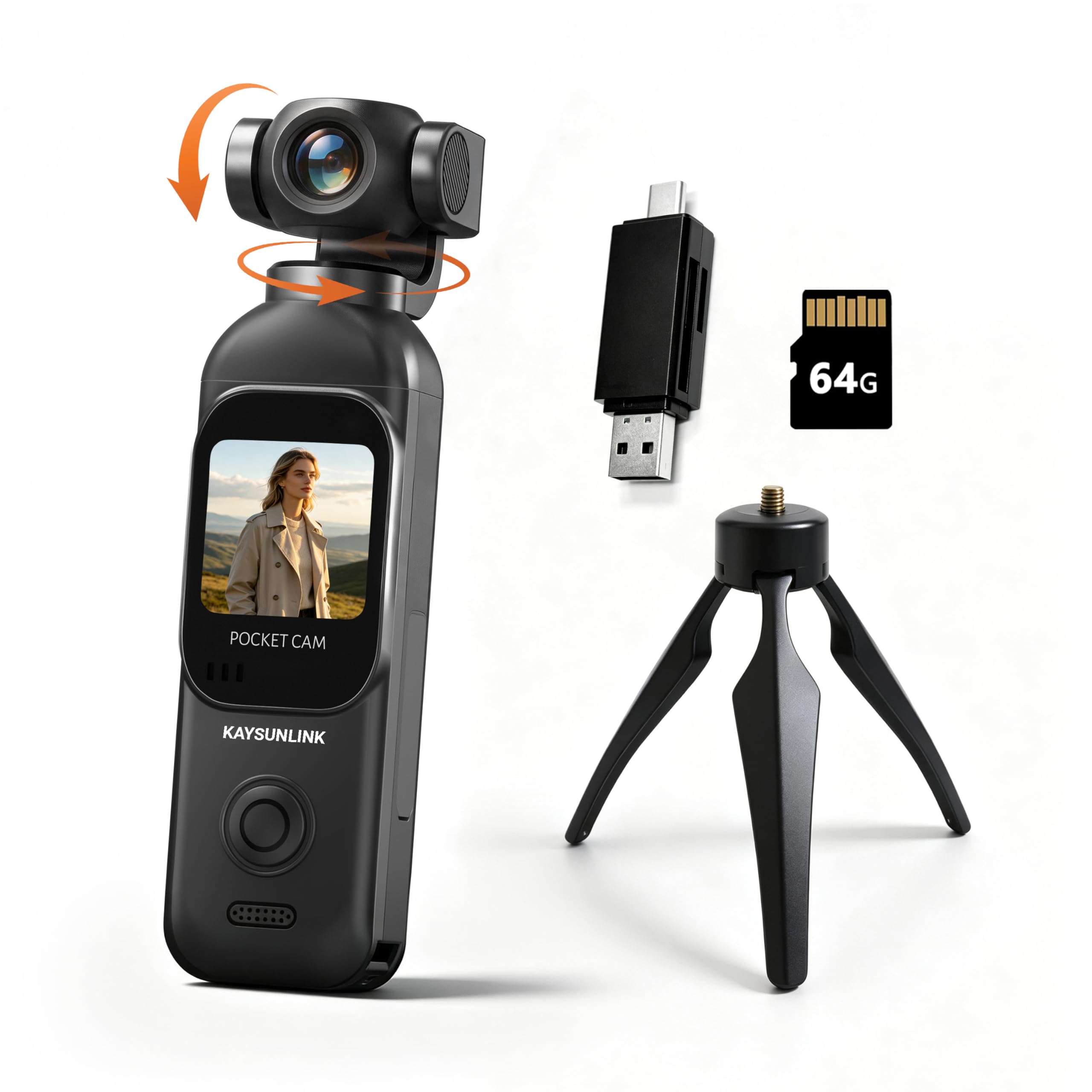kaysunlink 1080P Vlogging-Kamera mit 270° drehbarem Objektiv, Handheld POV Pocket Camera mit Touchscreen & WiFi, 5 Stunden Leistung, EIN-Knopf-Aufnahme-Camcorder mit 64GB Karte für den täglichen