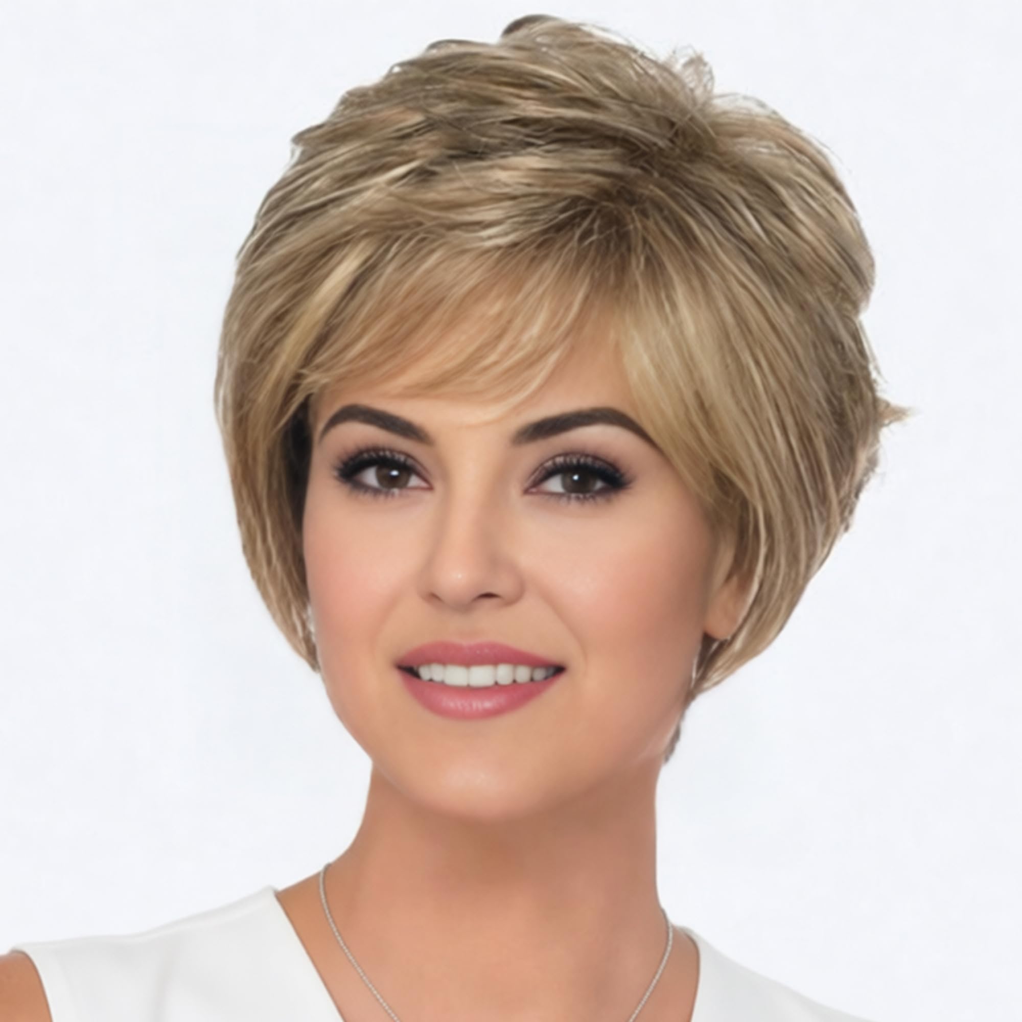 XIUFAXIRUSI XIUFAXIRUSI Highlight Short Curly Brown Wigs for White Women Pixie Cut Gold Brown Wig Heat Resistant Synthetic Short Hair Wig with Bangs for Daliy