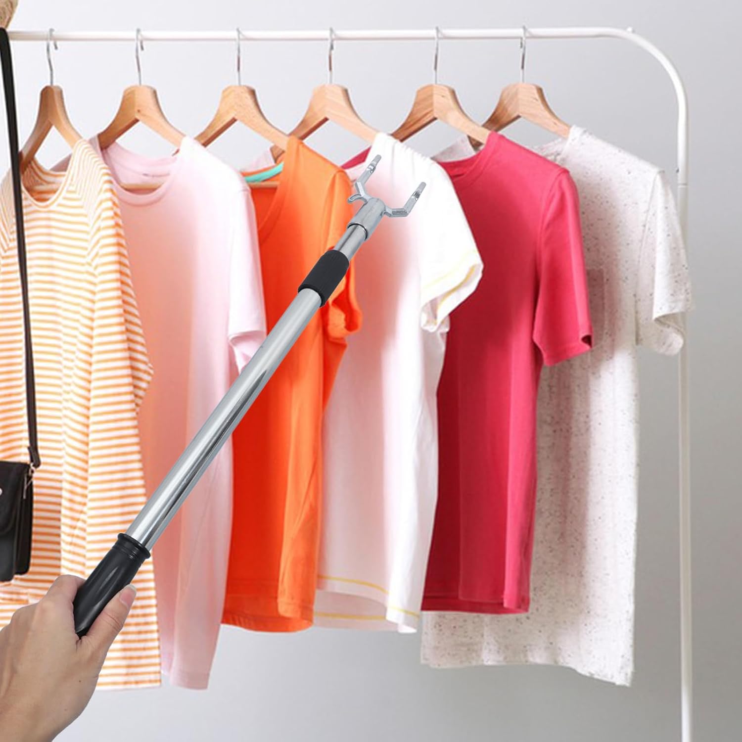 Telescopic Clothes Fork Reach Pole Adjustable Closet Rod for Hanging Clothes Curtains and Laundry Storage 22.24 in Extendable Ceiling Reach Rod