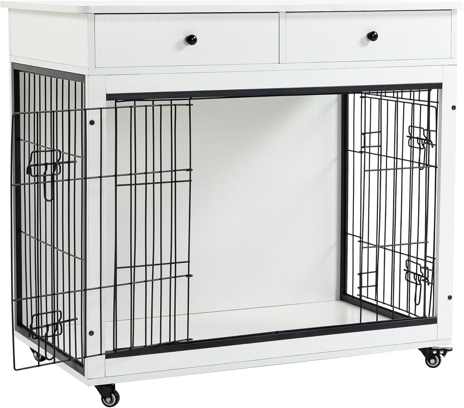 Dog Crate Furniture, Wooden Dog Crate End Table, 38.4 Inch Dog Kennel with 2 Drawers Storage, Heavy Duty Dog Crate, Decorative Pet Crate Dog Cage for Large Indoor Use (White) 38.4" L¡Á23.2" W¡Á35" H