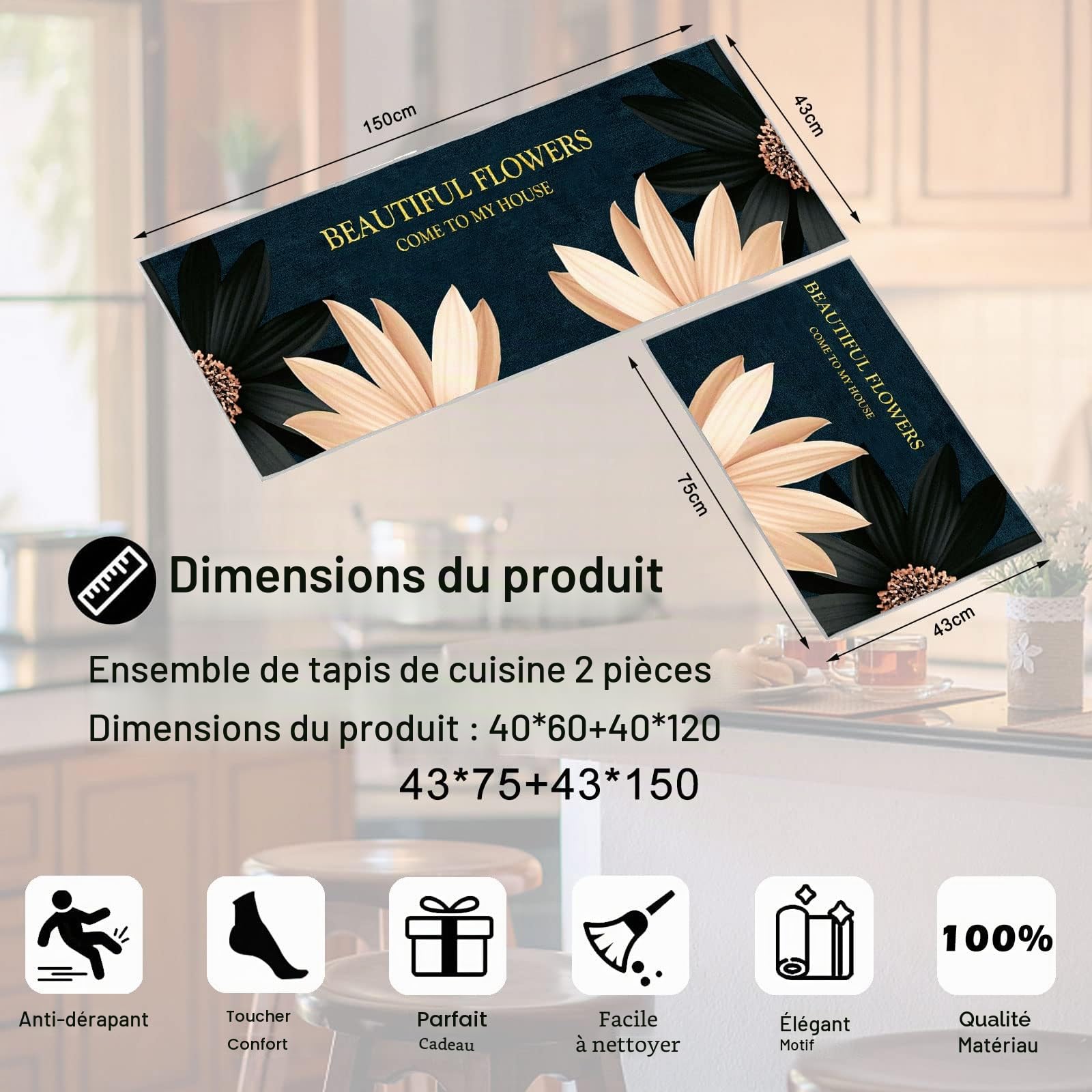 Lot de 2 Tapis de Sol Anti-Fatigue Imperméables Antidérapants Confortables Floral A 40x60+40x120cm