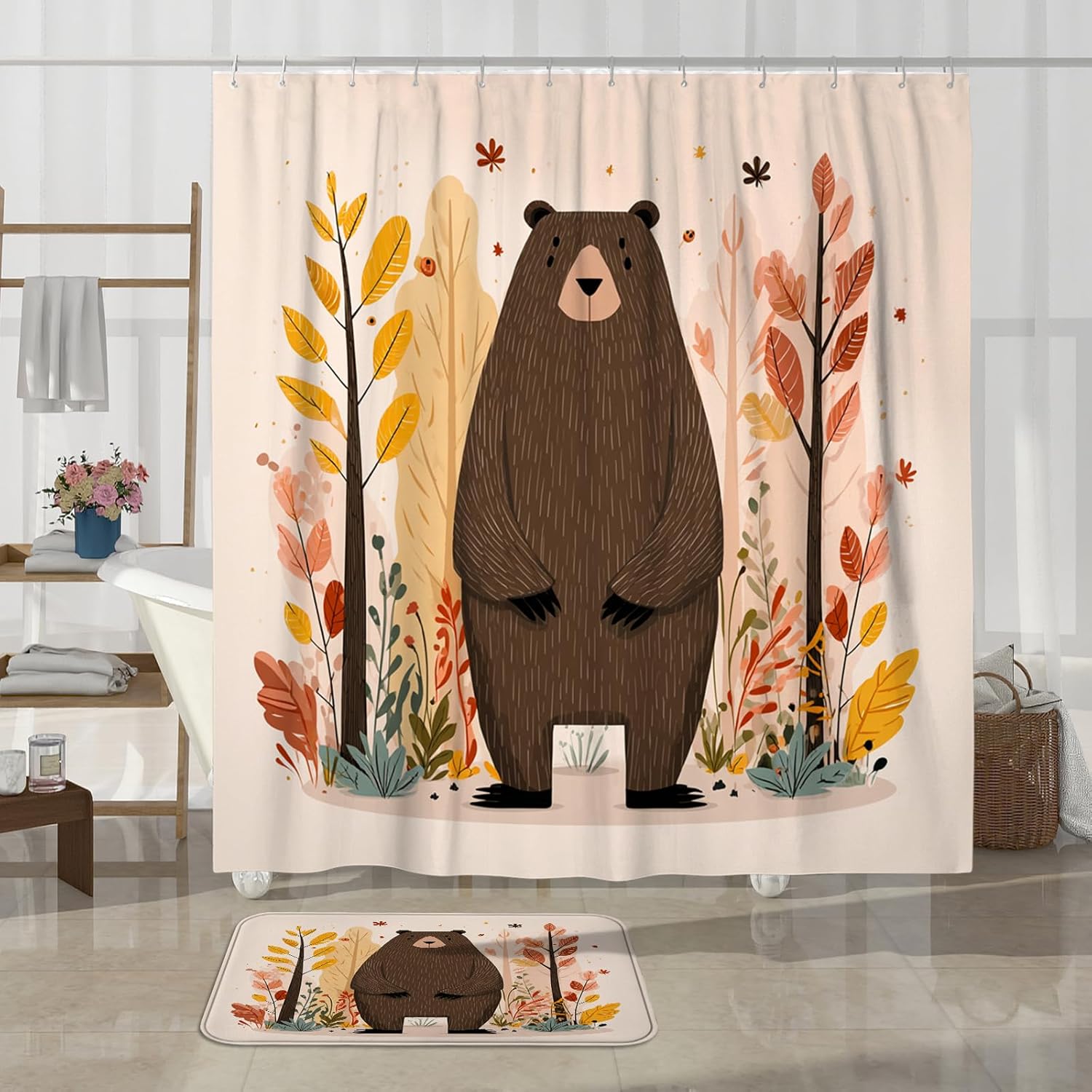 4PCS Fall Cartoon Bear Kid Bathroom Sets, Bath Accessory with Non-Slip Rug, U Shape and Toilet Lid Cover Mat, Autumn Woodland Forest Bathroom Decor-72''x72''