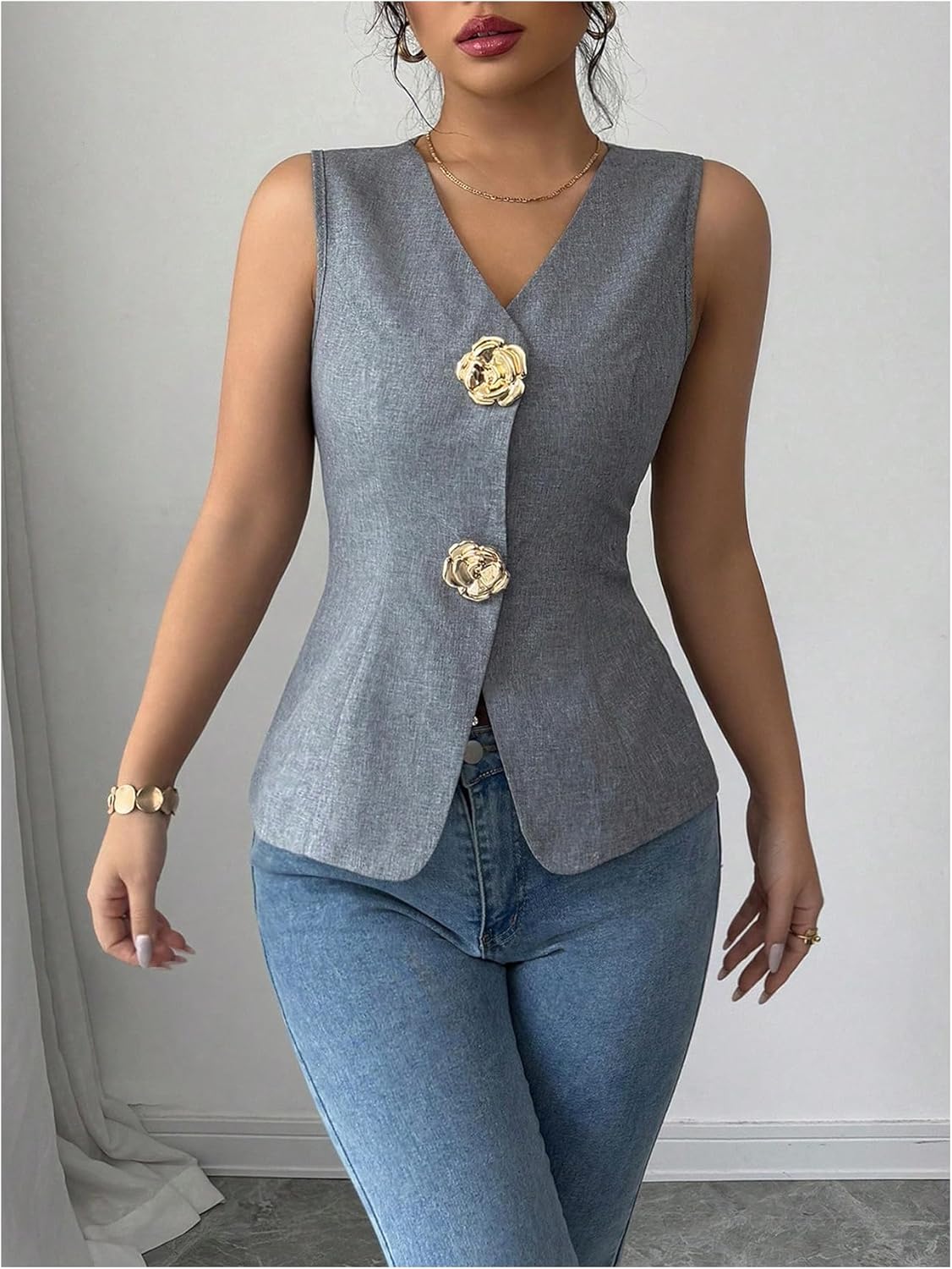 SOLY HUX Women's Tank Tops V Neck Sleeveless Metal Flower Summer Going Out Top - Image 5