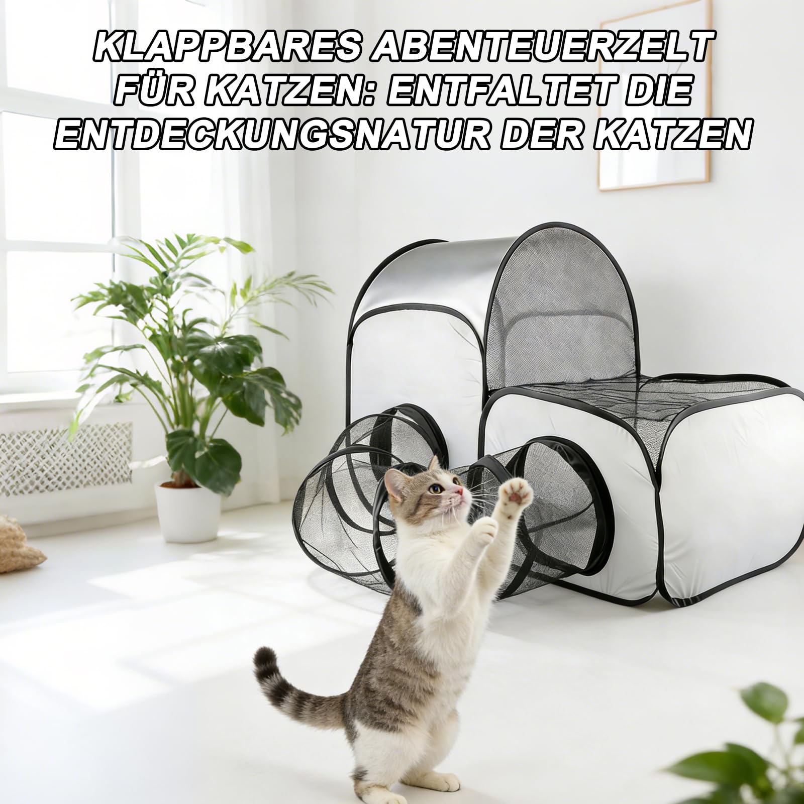 Faltbarer Katzenlaufstall mit Tunnel - Tragbares katzenzelt, katzenzelt und Katzen gehege Outdoor, katzengehege Indoor, Multifunktionaler Outdoor-Laufstall mit atmungsaktivem Netz (100 * 50 * 70 cm)