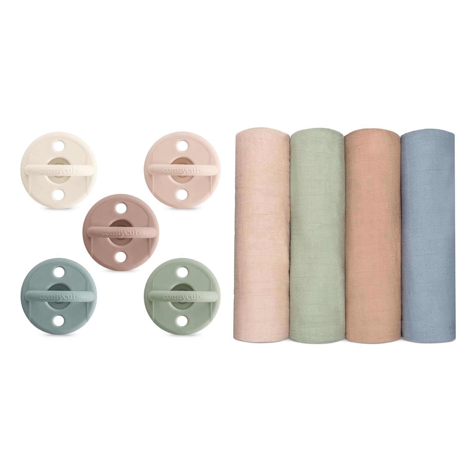Baby Pacifiers, 5 Pack and Muslin Swaddle Blankets Pack of 4 Bundled by Comfy Cubs