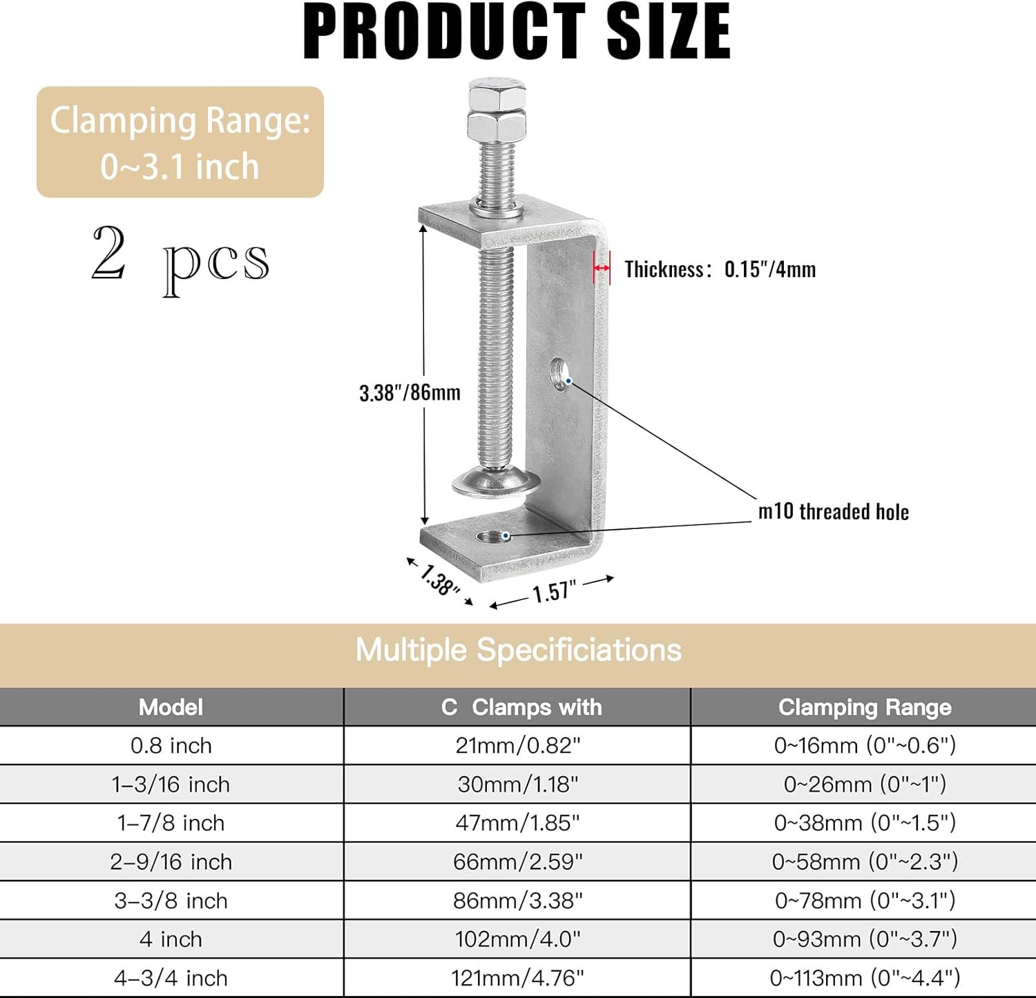 2 Pack 304 Stainless Steel C Clamp 3-3/8 Inch C Clamps for Woodworking and Welding Mounting，Suitable for Home and Professional Use