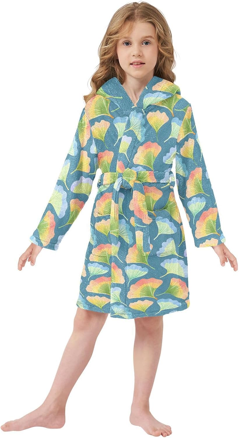 senya Ginkgo Biloba Leaves Colorful Toddler Hooded Bathrobe Kids Soft Plush Bath Towel Robes for Boys Girls 2-12 Years