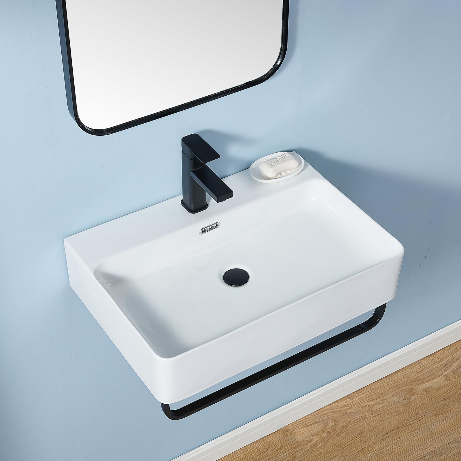 Wall Mounted Sink White with Towel Rack, 24"x16" Vessel Sink Rectangle, Wall Mount Floating Bathroom Sinks Wall Hung Porcelain Ceramic Modern Sink With Single Faucet Hole and Overflow