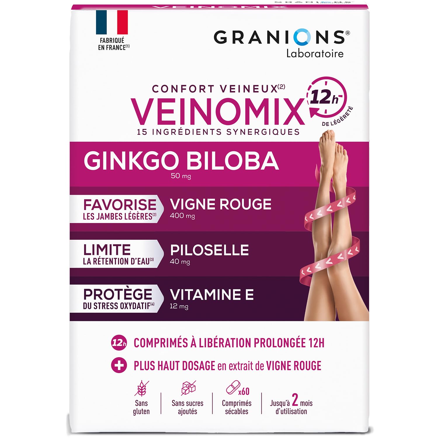 GRANIONS | VEINOMIX Libération prolongée 12h | Jambes lourdes | Favorise la sensation de jambes légères et limite la rétention d'eau | Vigne Rouge + Ginkgo Biloba + Piloselle | 60 comprimés
