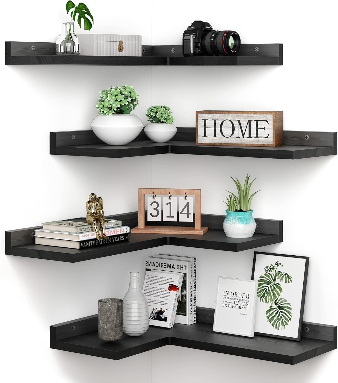 Dime Store Engineered Wood Corner Wall Shelf Set of 4 for Living Room & Bedroom Floating Corner Shelves with Back Support Modern Storage & Display Rack for Home Décor & Office (Black)-image-27