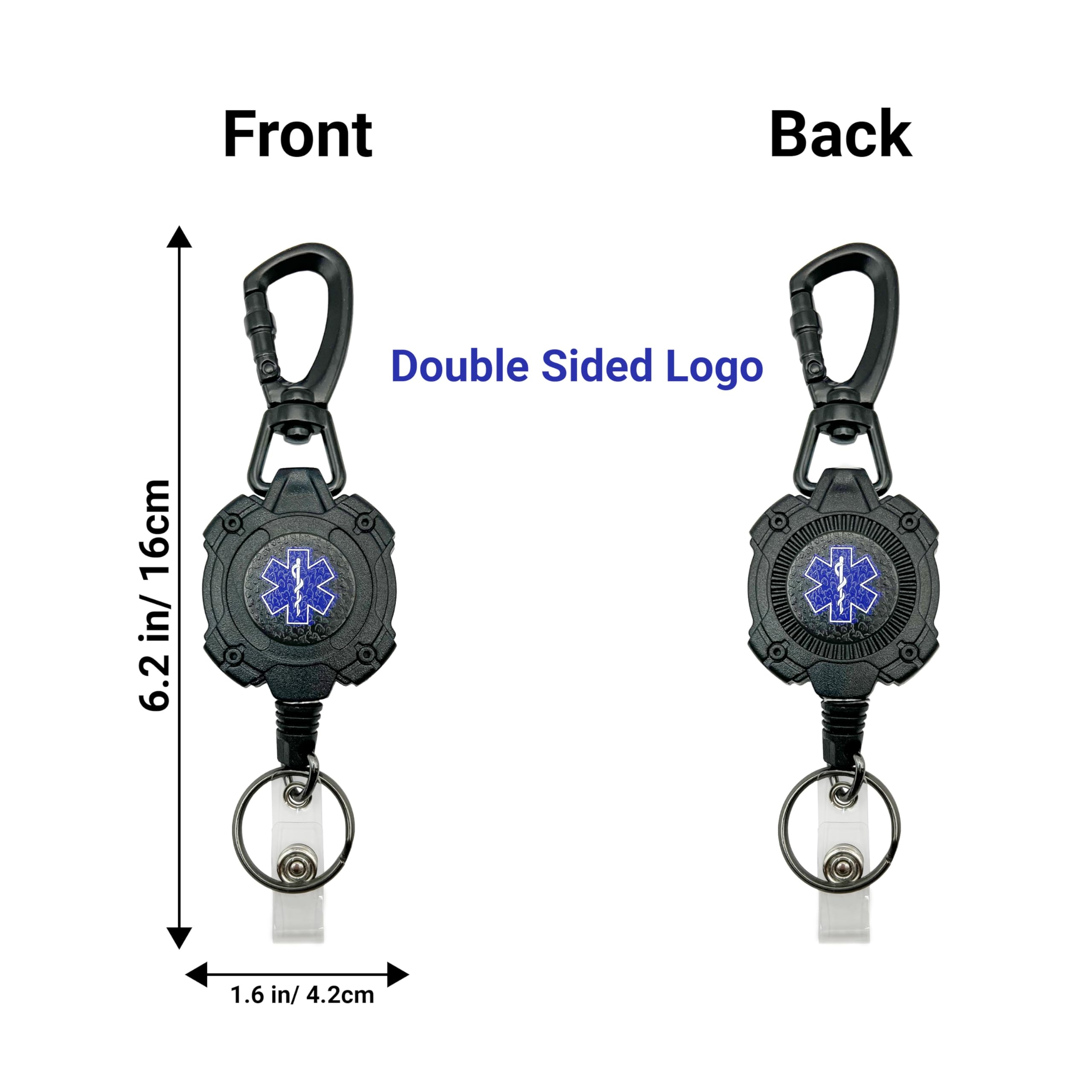 EMS, EMT, Paramedic/Medic Heavy Duty Medical Badge Reel Star of Life. 360° Swivel Carabiner Clip. 32.5” Steel Cable/Rope with Key Ring & ID Strap. 8 oz Weight