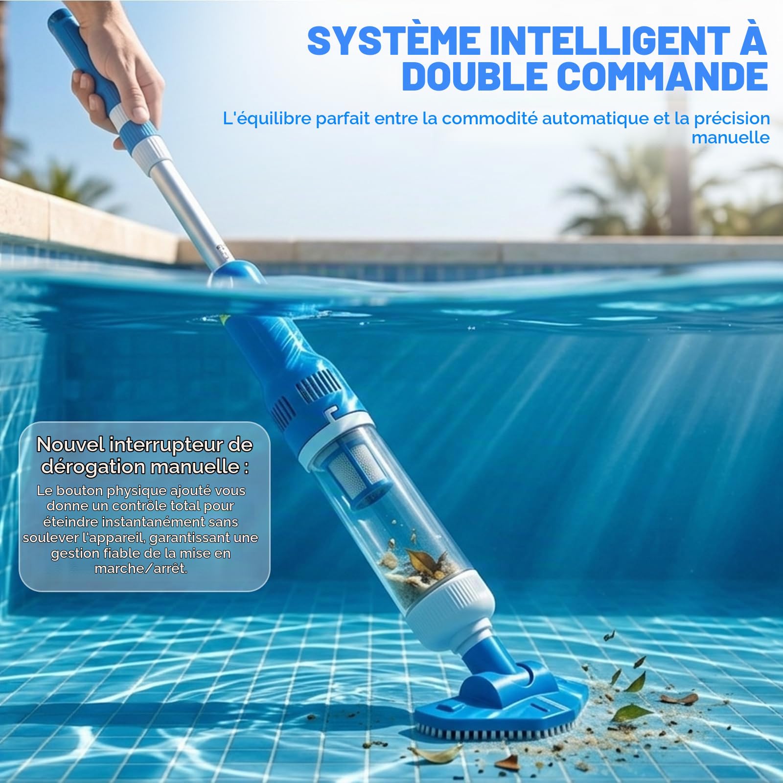 Bostar Aspirateur de piscine 3 en 1 avec batterie avec barre télescopique, 35 l/min, aspirateur à main sans fil avec filtre, aspirateur de sol portable pour petites piscines spa