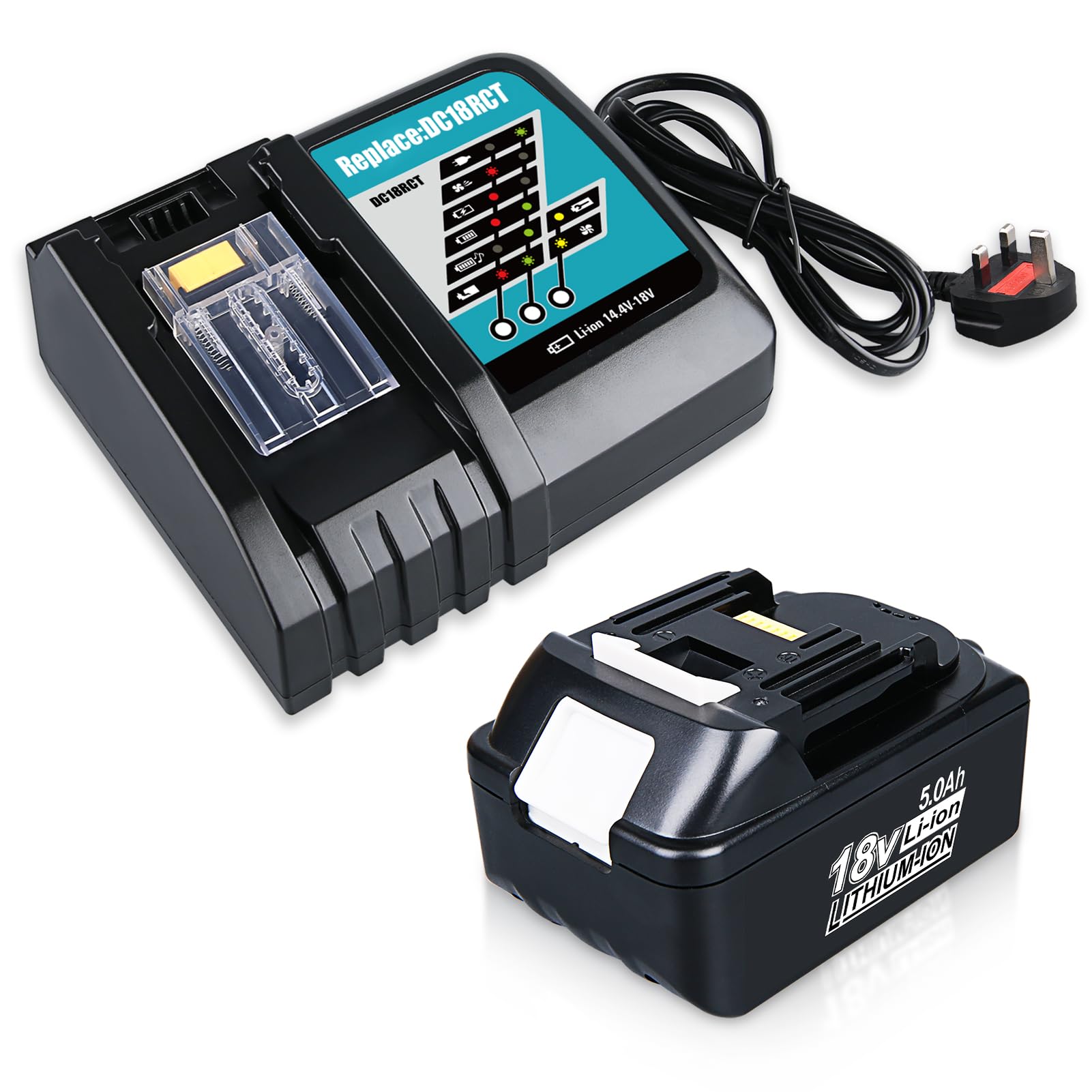 BL1860B 5.0Ah 18V Battery Li-ion and Charger Combo Replacement for Makita 18V Battery Compatible with Makita BL1850 BL1860 BL1820 and DC18RC 14.4V-18V 3.0Ah Charger with LED Indicator