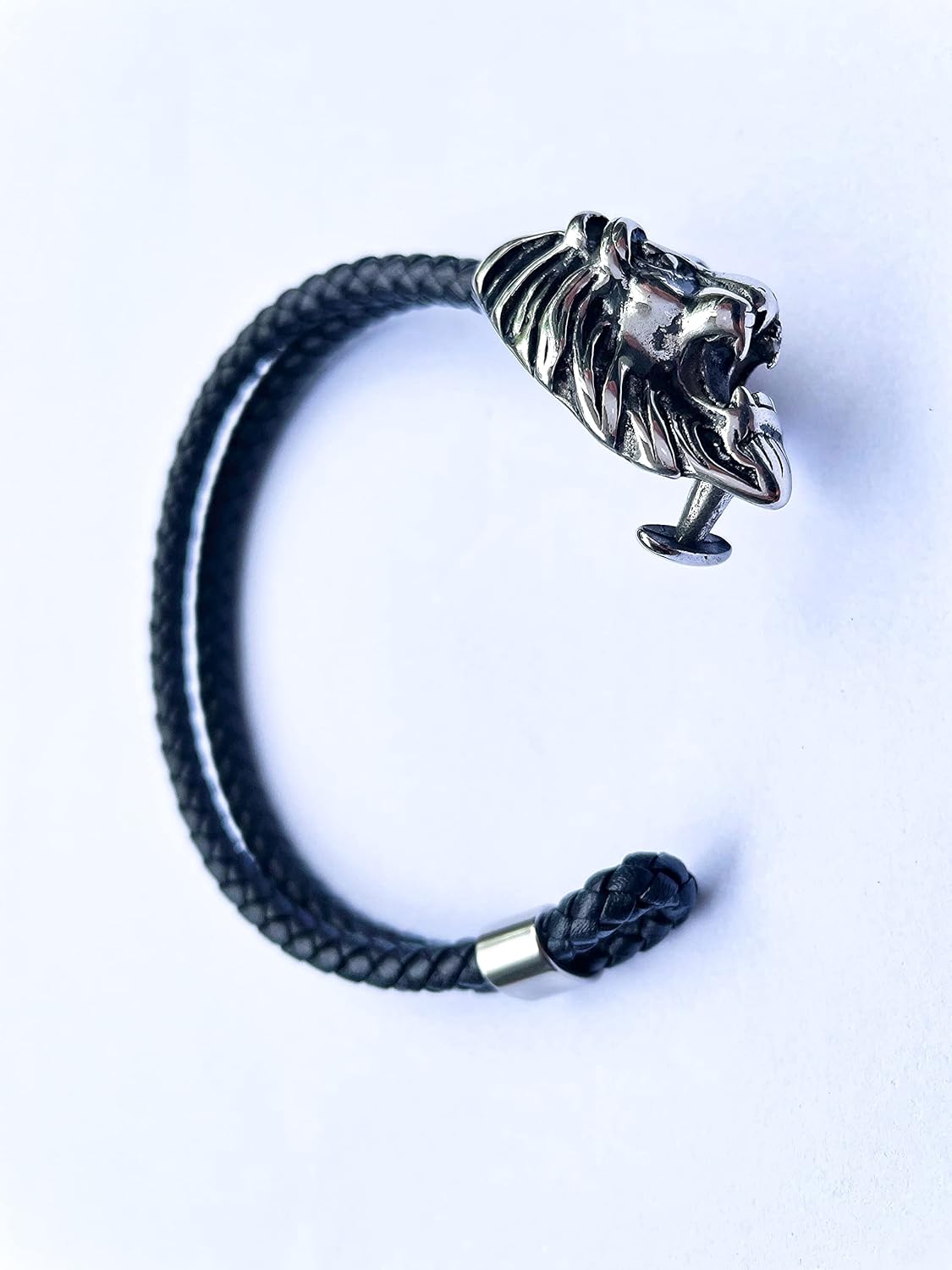 Mens Black braided leather Bangle Bracelet, Vintage Stainless Steel Roaring Lion Head, Two-row - Image 3