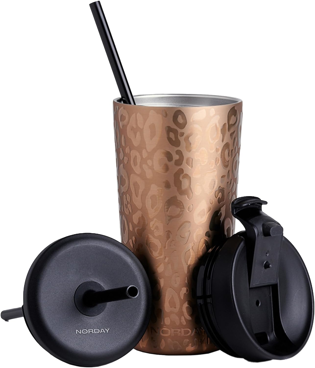 NORDAY | Tumbler with Lid and Straw – Bloom 20oz – Rose Gold Leopard Insulated Tumbler – Stainless Steel Tumblers – Double Wall Coffee Mug – Keeps Temperature for 24hr – 2 Anti Spill Lids and 2 Straws