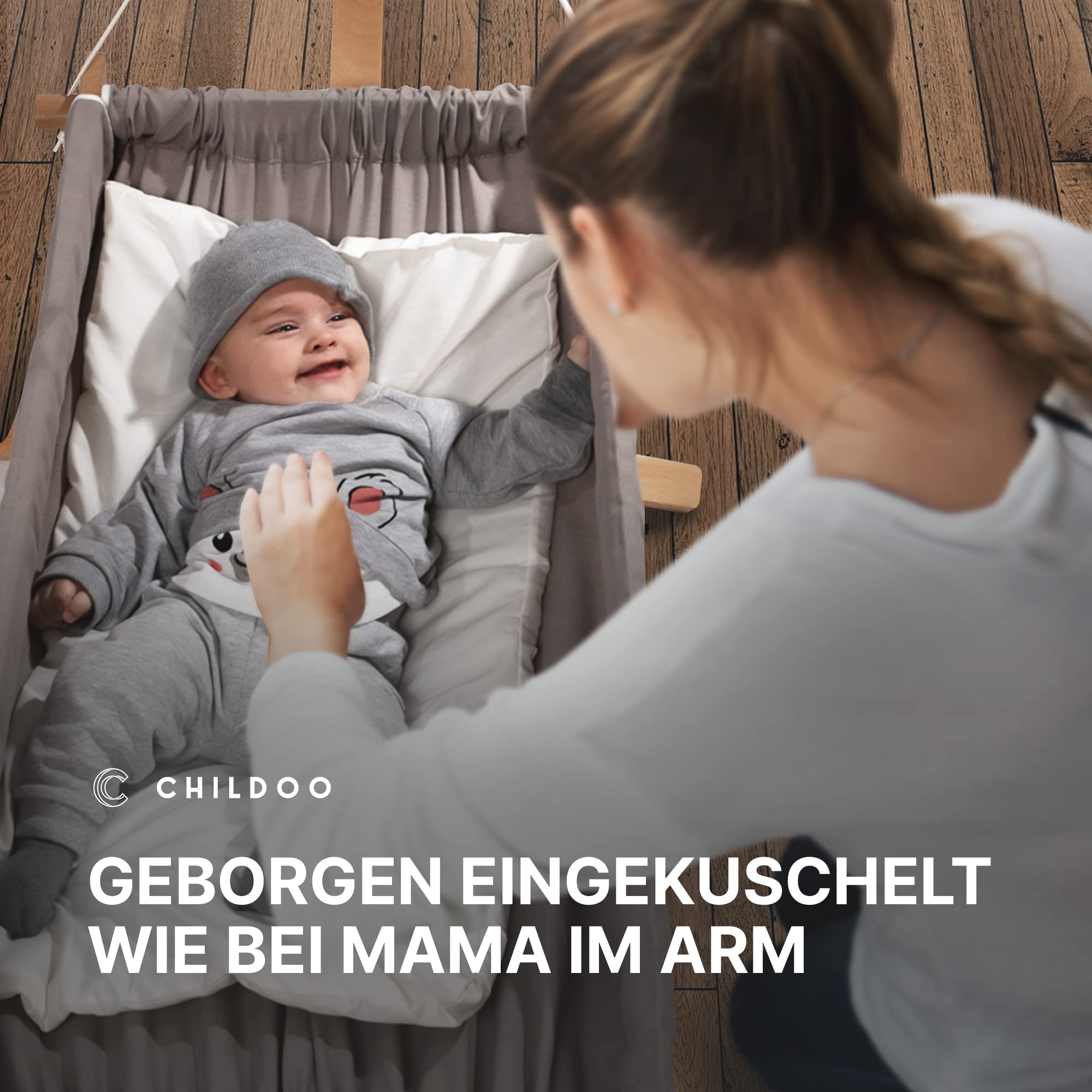 Baby Hängematte [QuickFix-Schlaufe] Babywiege Babybett Federwiege mit Gestell Kinderschaukel Babywippe für Kinderzimmer, Esszimmer, Wohnzimmer | Grau