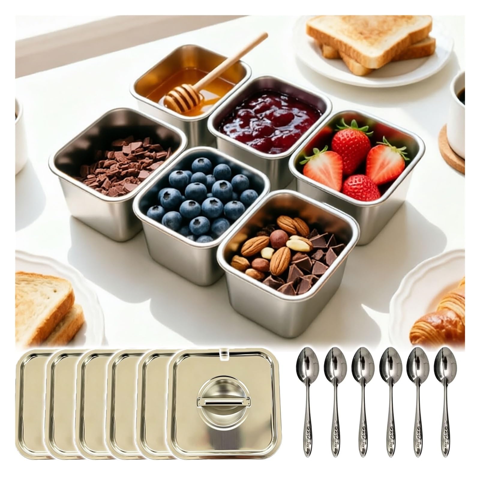 Tyzlup Stainless Steel Food Prep Station, 8 Compartment Condiment Serving Container, Salad Bar, Breakfast Buffet, BBQ, Bubble Tea Topping Organizer
