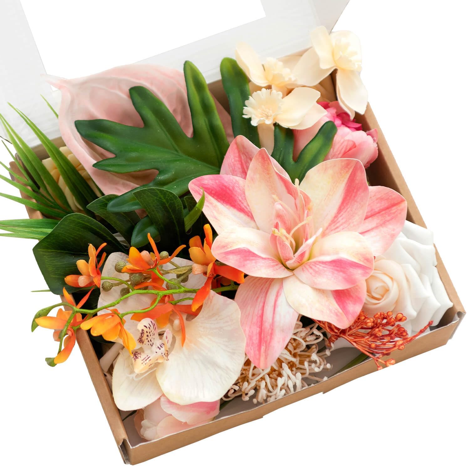 Fake Flowers Box, Faux Artificial Greenery Stems Foam Roses Anthurium Silk Lily Palm Fabic Flower for Centerpieces Bouquet Wedding Vase Floral Decorations, Sorbet Tropical, Mini Combo