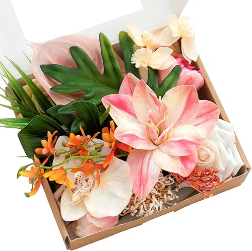 Ling's moment Caja de Flores Falsas, Tallos de Follaje Artificial, Rosas de Espuma, Anturio, Lirio de Seda, Palma, Flor de Tela para Centros de