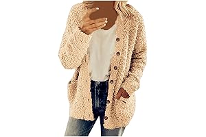 Womens Fuzzy Sherpa Cozy Hoodie Cardigan Open Front Fleece Button Down Fall Jacket