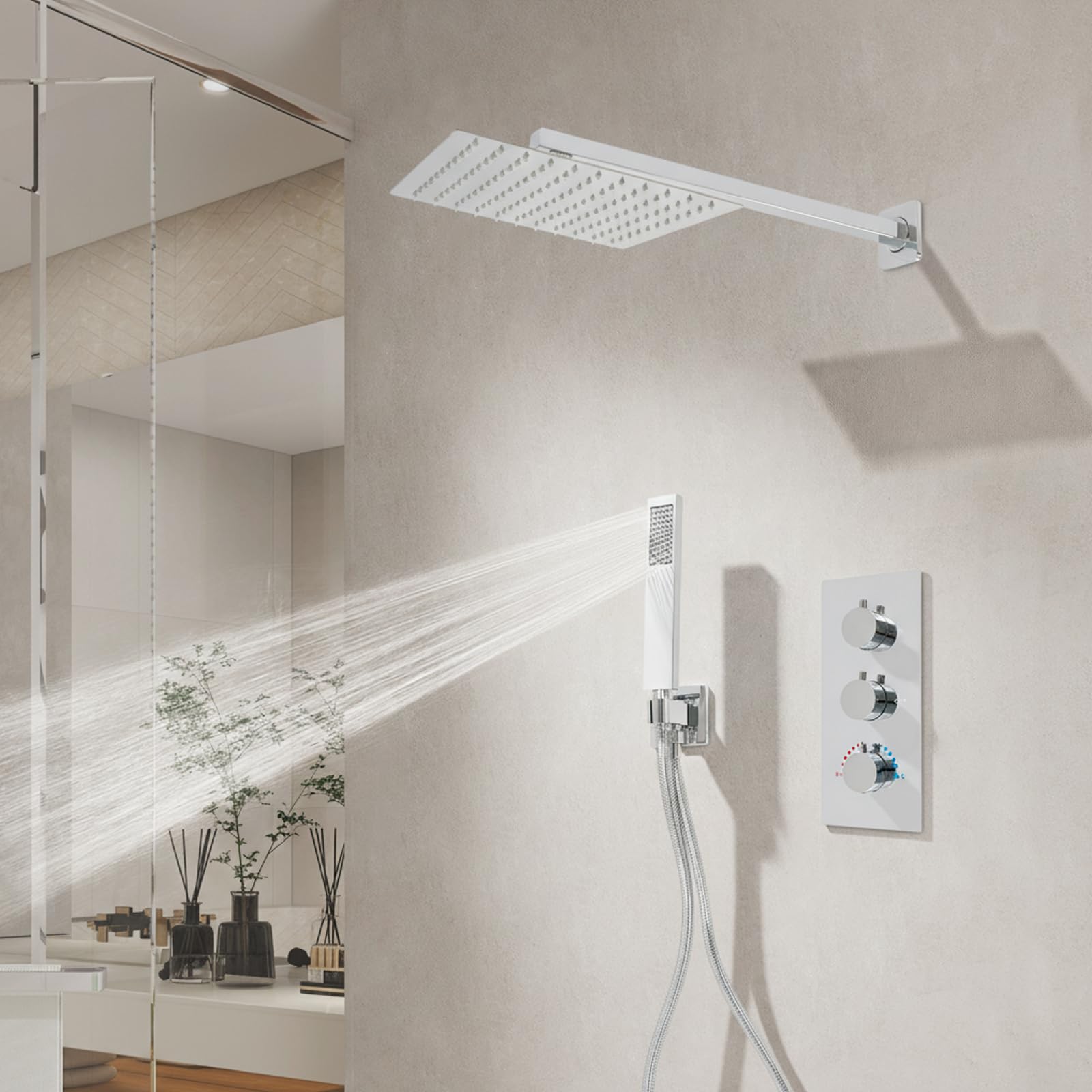 Duscharmatur Unterputz Gold, 25 cm Regendusche Set mit Handbrause, Unterputz Armatur Dusche aus Messing, Unterputz Duschsystem Komplettset für Bad, Hotel & Dusche (Silber)