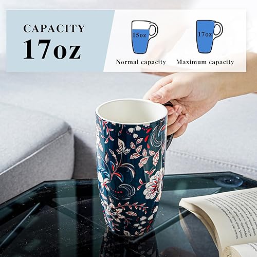 Miniatura 5 de Topadorn Taza de café de cerámica Taza de café de viaje Taza de cerámica Latte Taza de té con tapa y caja de color 17 oz, flores