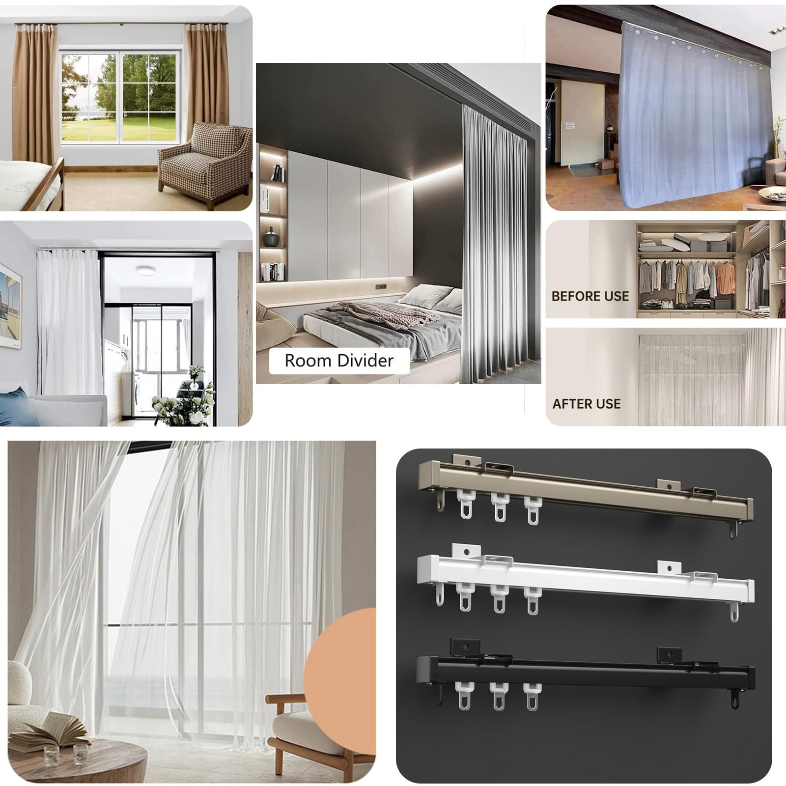 Aluminiowa zasłona Ra - wyciszona szyna do montażu na suficie lub ścianie do zasłon przesuwnych idealna do salonu, sypialni, prysznica, kampera, rozwiązań prywatności
