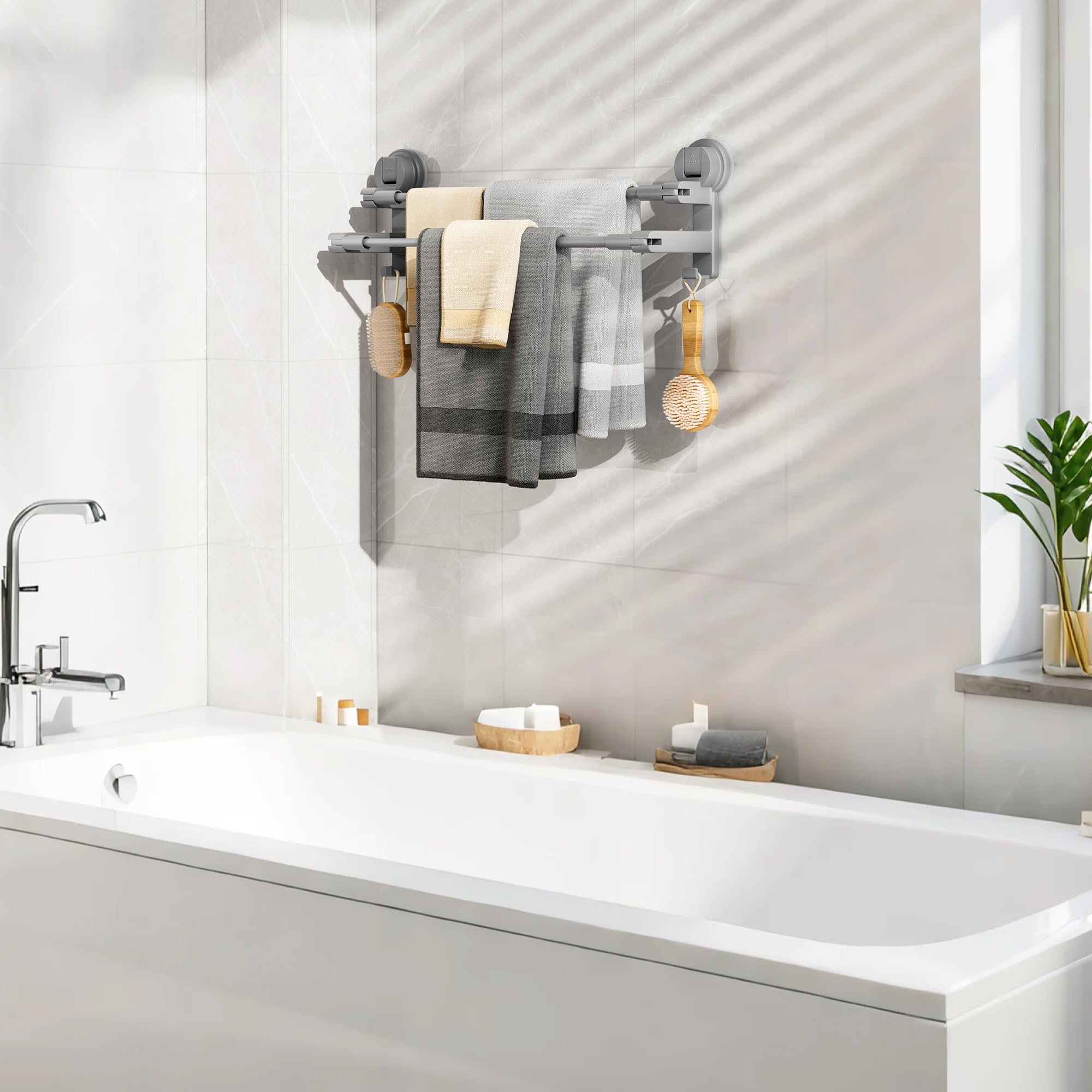 COCASES Toallero con ventosa sin taladrar, barra doble para mampara de ducha sin pegamento, con 2 ganchos para toallas y longitud ajustable para puerta de cocina, color gris oscuro, 41-75 cm