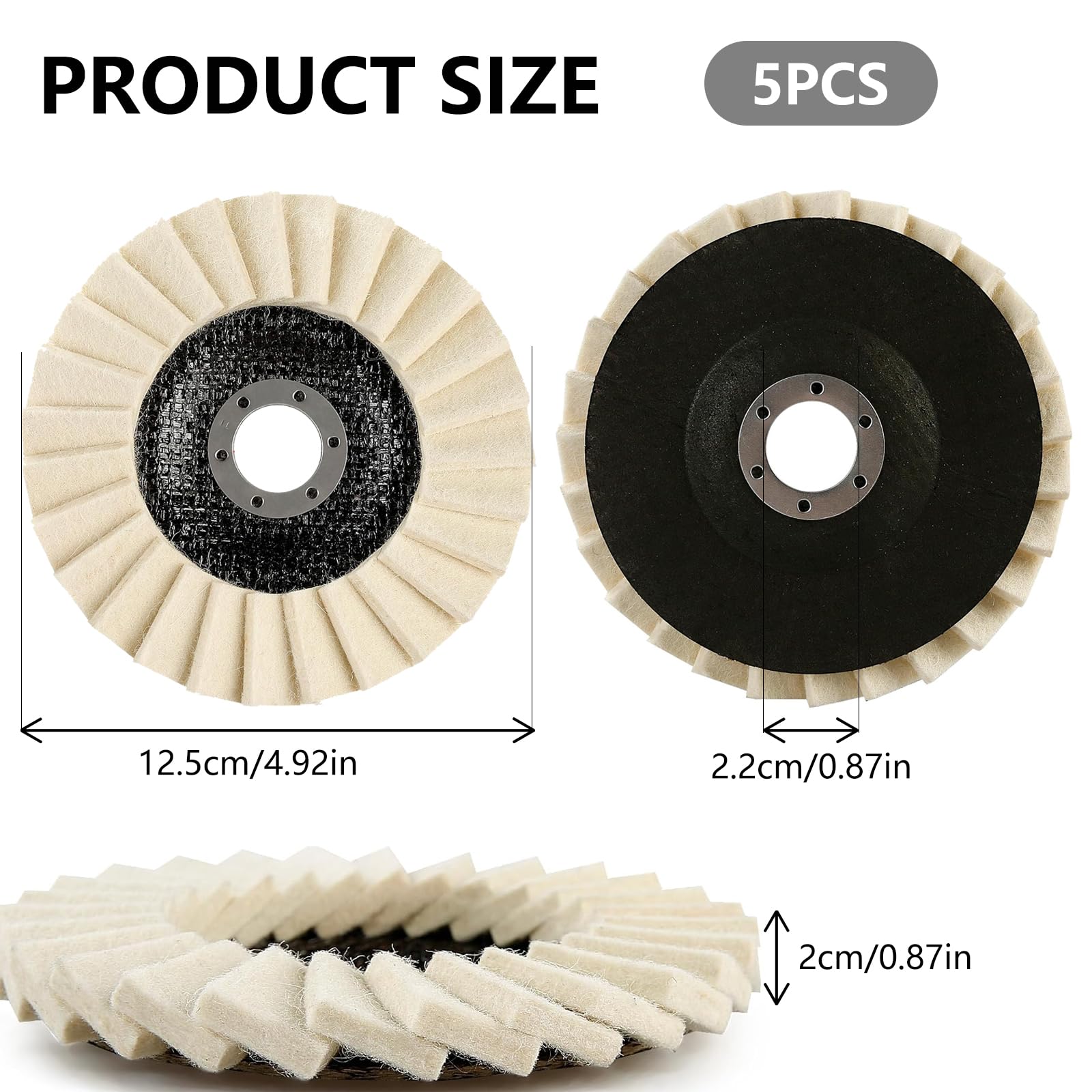 5 dischi per lucidatura in feltro, 125 mm x 22,2 mm, per smerigliatrice angolare Flex Lucidatura, dischi in feltro di lana per levigare e lucidare vernice, legno, acciaio inox e plastica