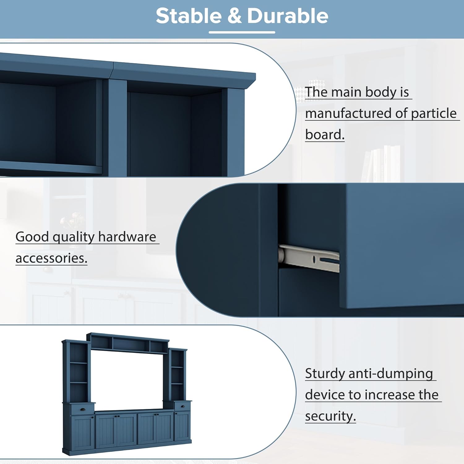 LUMISOL Large TV Stand with Side Cabinets, Modern Entertainment Center for TVs Up to 75'', Wall Unit with Bookshelf and Adjustable Shelves, Ample Storage Space Media Console for Living Room, Blue
