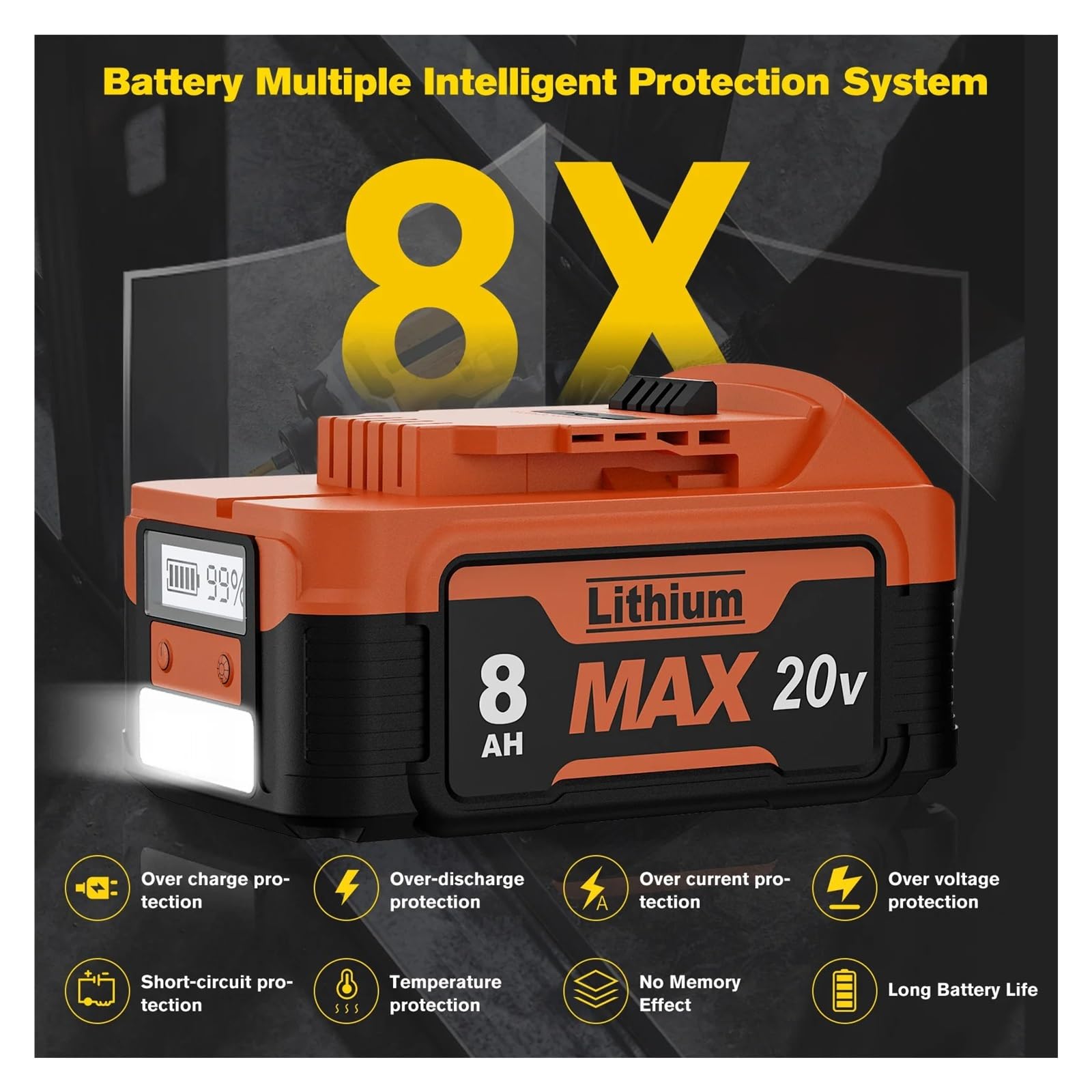Compatibile con DeWalt la batteria ricaricabile agli ioni di litio ad alta capacità da 20 V 8,0 Ah, batteria for utensili DCB200, DCB206, DCB184 con display(4pcs)