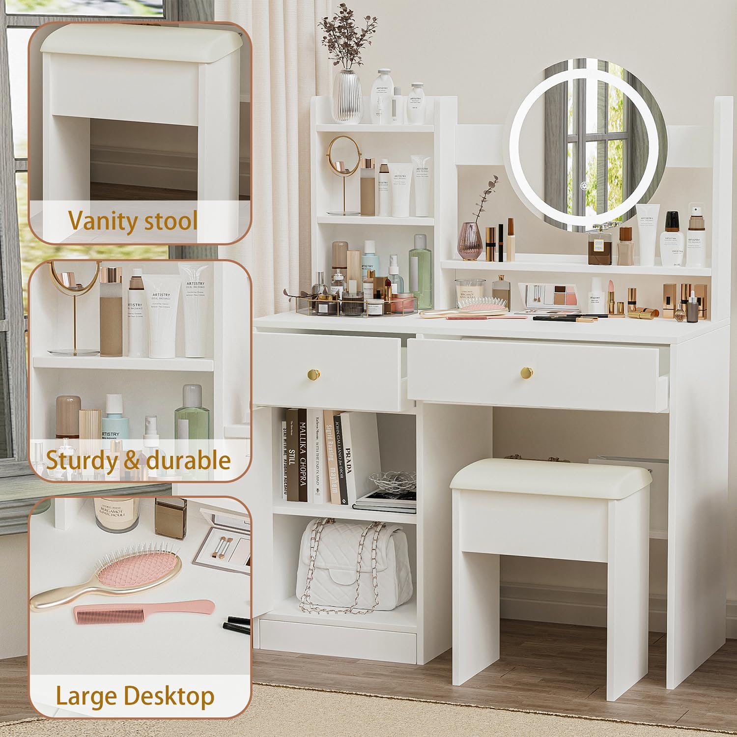 Fashion Vanity Desk with Mirror and Lights for Makeup and Cushioned Chair, Vanity Mirror with Lights and Table Set with 3 Color Lighting Brightness Adjustable,Dressing Table, White Color