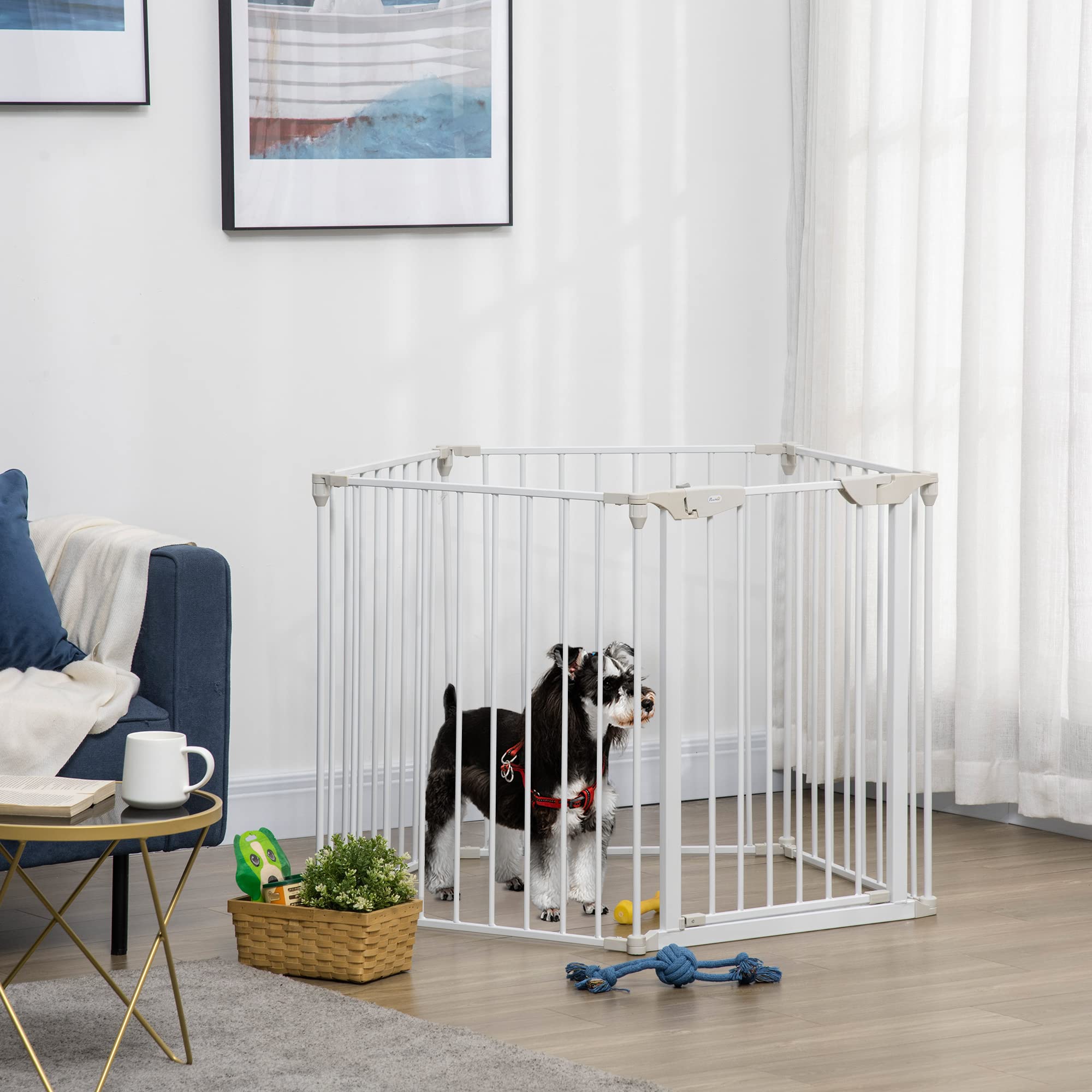 PawHut Recinto Cancelletto per Cani Regolabile Pieghevole Chiusura Automatica Sistema Blocco Metallo Plastica 300x74.5 cm Bianco