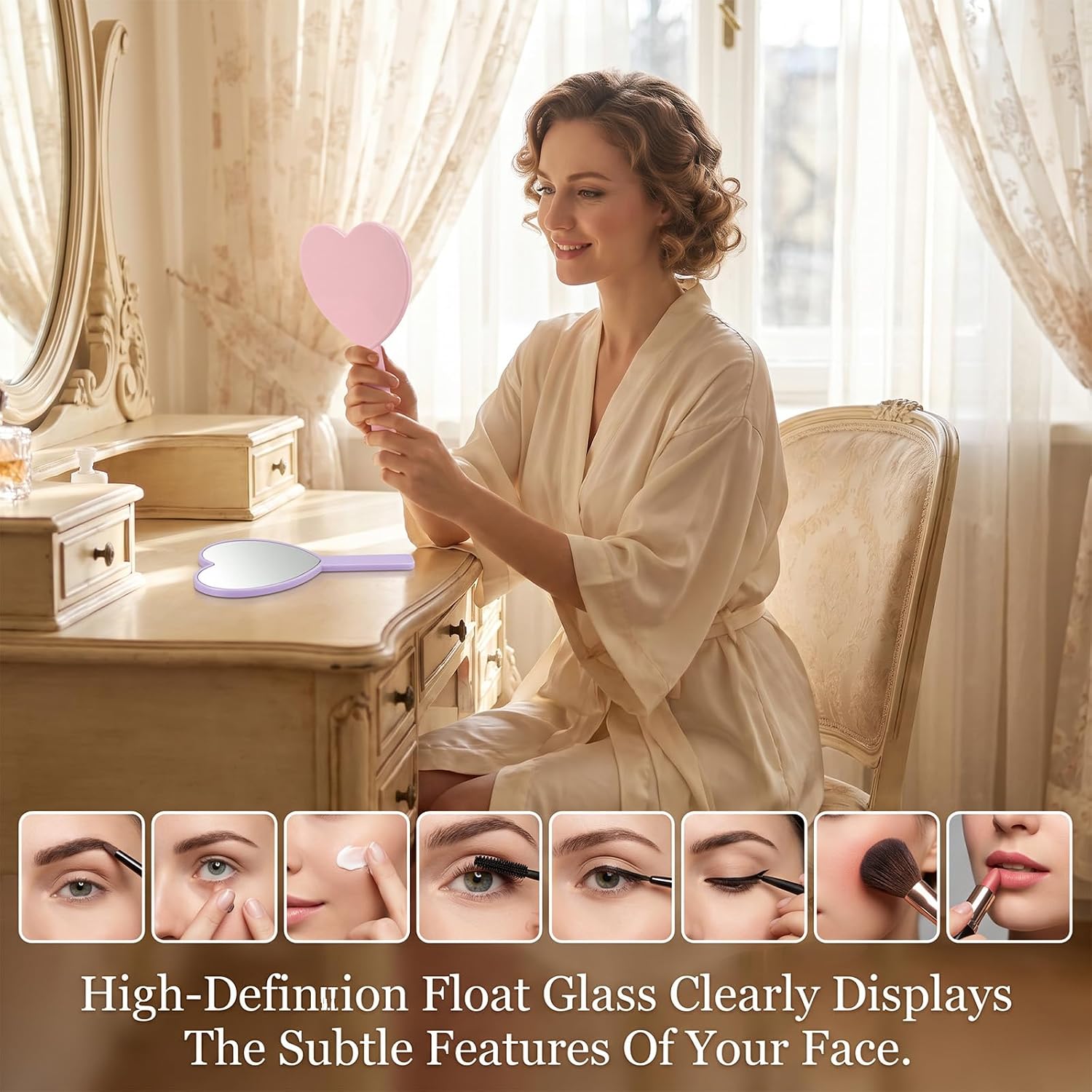 Heart Shaped Mirror 2Pcs Travel Handheld Makeup Mirror | Portable Mini Hand Held Mirrors Travel Small Cosmetic Lash Mirrors for Women Valentine's Day Gift (Pink, Purple)