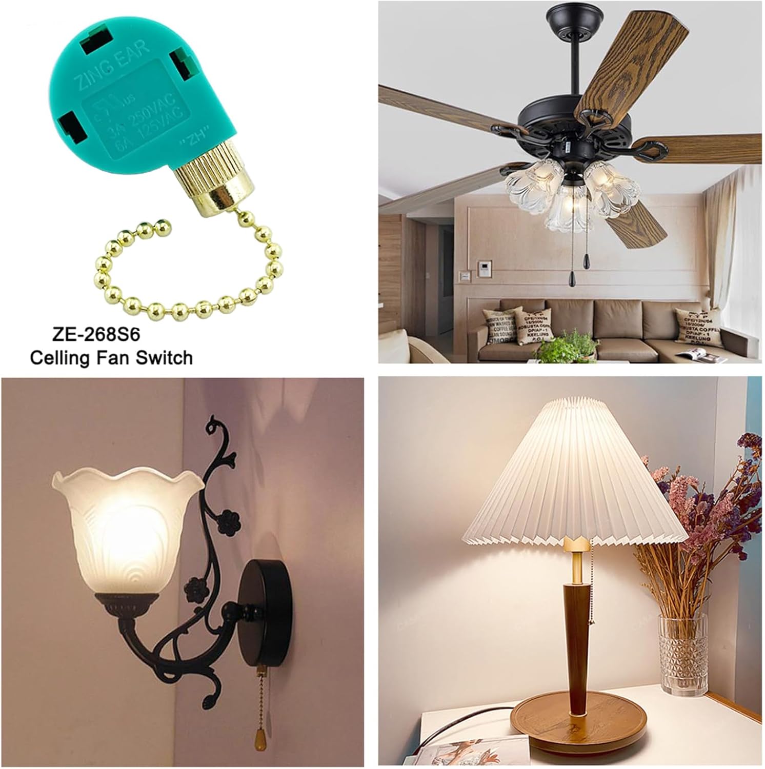 Ceiling Fan Pull Chain Switch 3 Speed 4 Wire Zing Ear ZE-268S6 Ceiling Fan Pull Chain Cord Switch Replacement for Ceiling Fans,Wall Lamps,Cabinet Light (Golden Pull Chain)