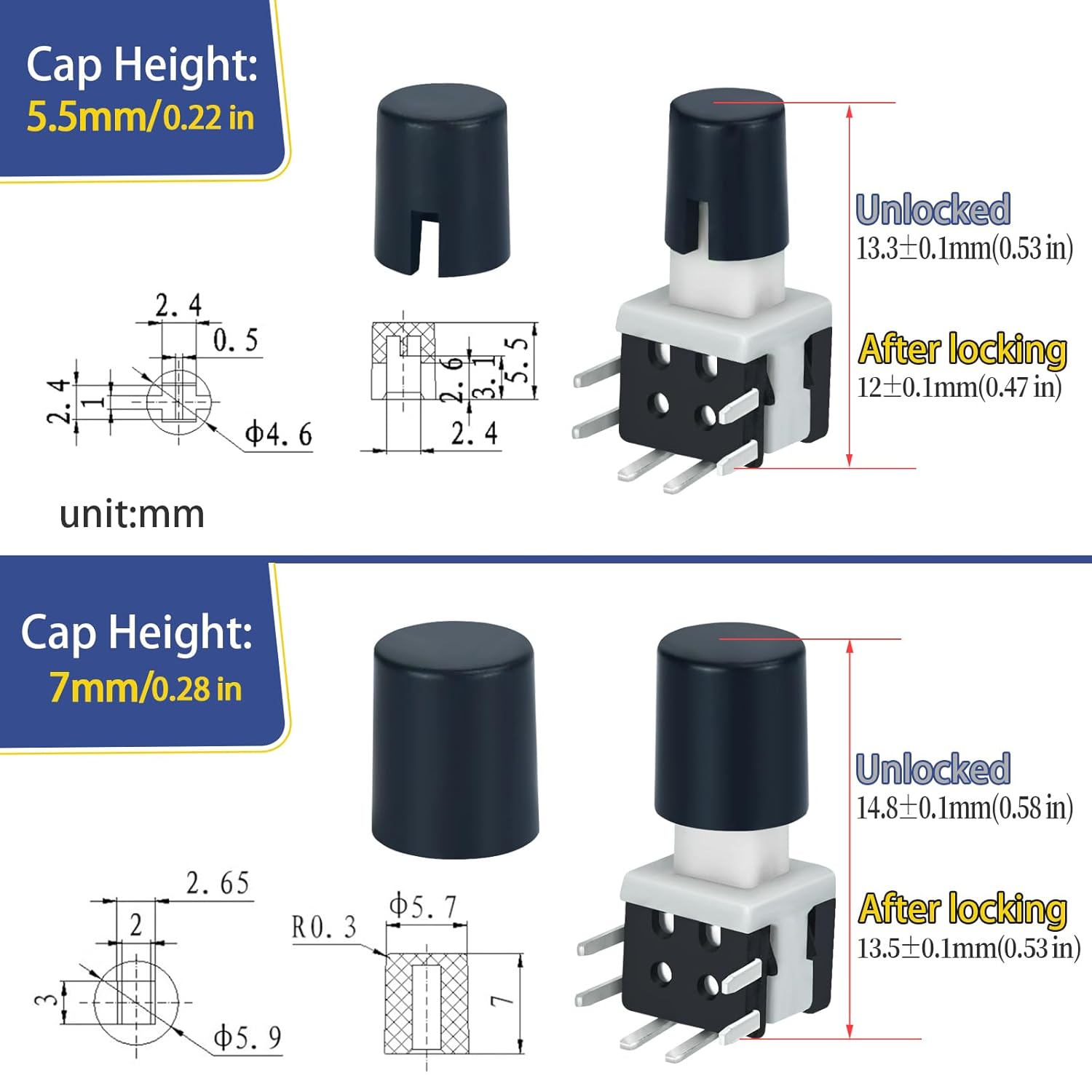 Dimensions of the 5.5mm and 7mm switch caps for the ZGSZJHF micro switch.