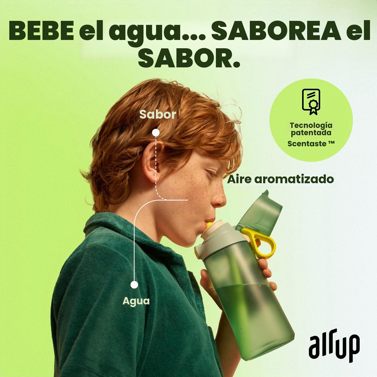 AIR UP® Cantimplora Botella de agua Click Turtle Green, juego de iniciación original con cápsulas en 5 sabores, botella de 600 ml con sabor sin azúcar, apta para lavavajillas, sin BPA