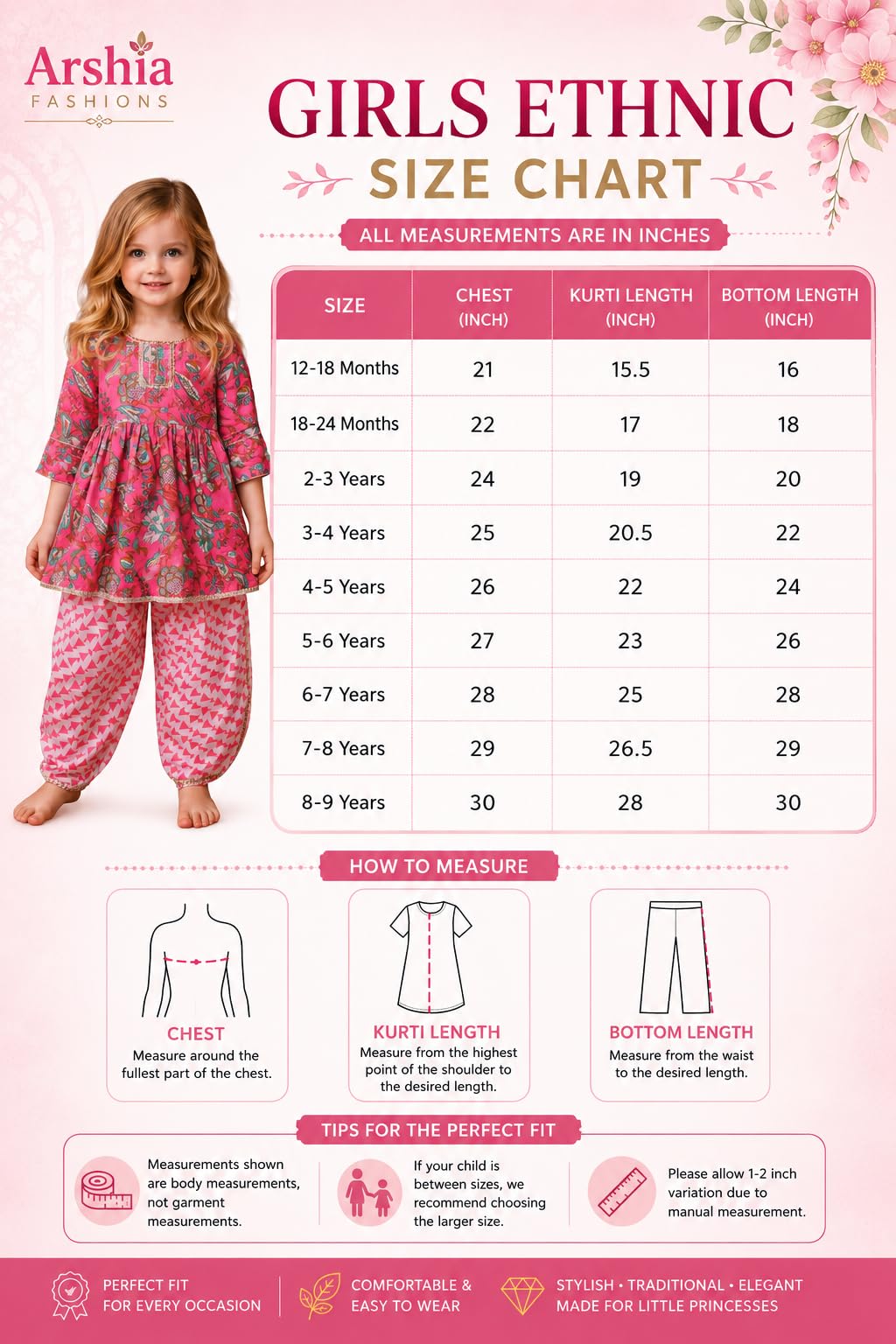 Arshia Fashions Baby Girls Ethnic Kurta Salwar Set | Cotton Traditional Indian Outfit for Kids | Floral Printed Kurti with Salwar 4